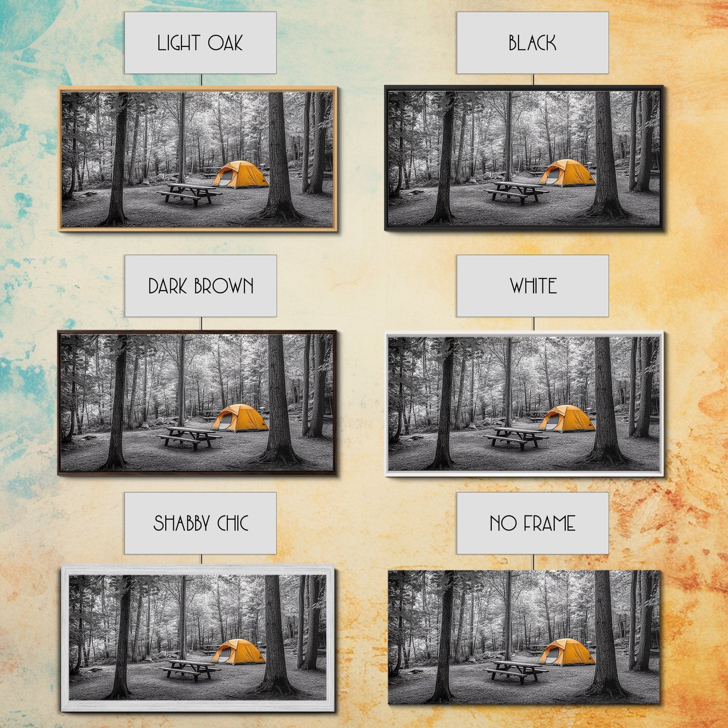 Yellow Tent, Forest Camping, Wilderness Escape, Outdoor Living, Framed Canvas Print, Fall Bedroom Art, Minimalist Nature, Hiking Vibes