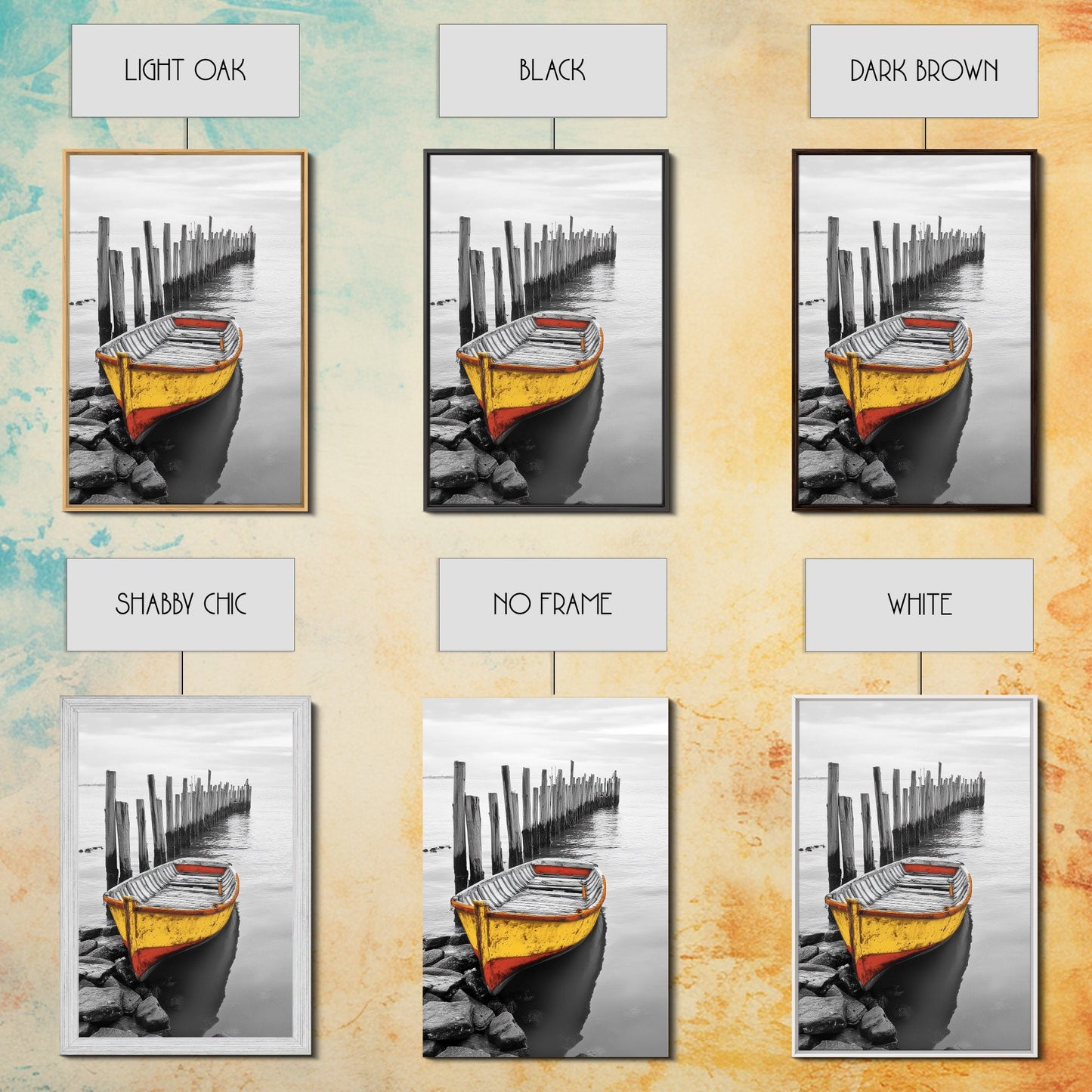 Yellow Rowboat, Coastal Mood, Pier View, Nautical Nostalgia, Framed Canvas Print, Beach House Wall Art, Rustic Seaside Decor