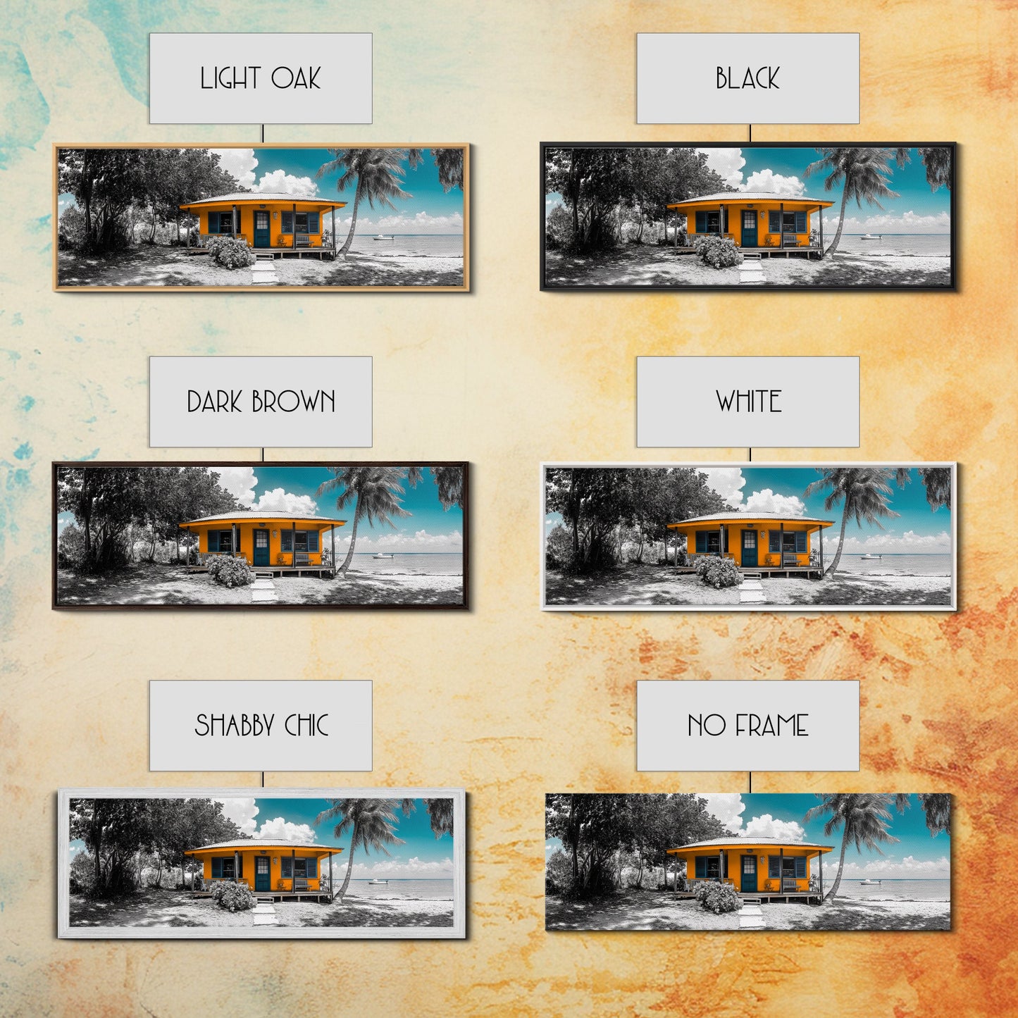 Beach House, Tropical Paradise, Yellow Cabin, Oceanfront View, Framed Canvas Print, Living Room Wall Art, Coastal Home Aesthetic