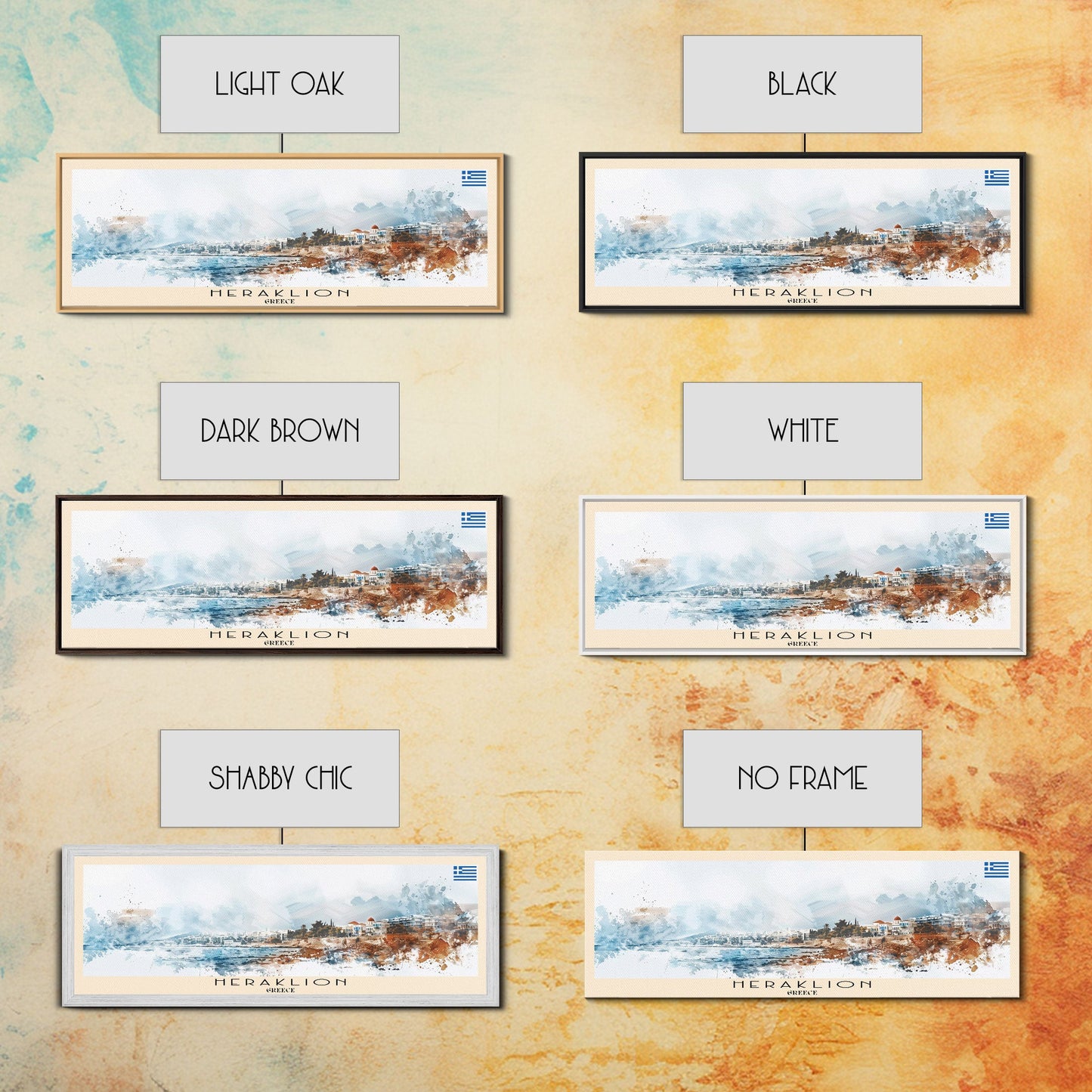 Heraklion Greece Panoramic Travel Poster, Framed Canvas Print or Metal Wall Art, Travel Art, Home Decor, Panoramic Painting, Midcentury Art