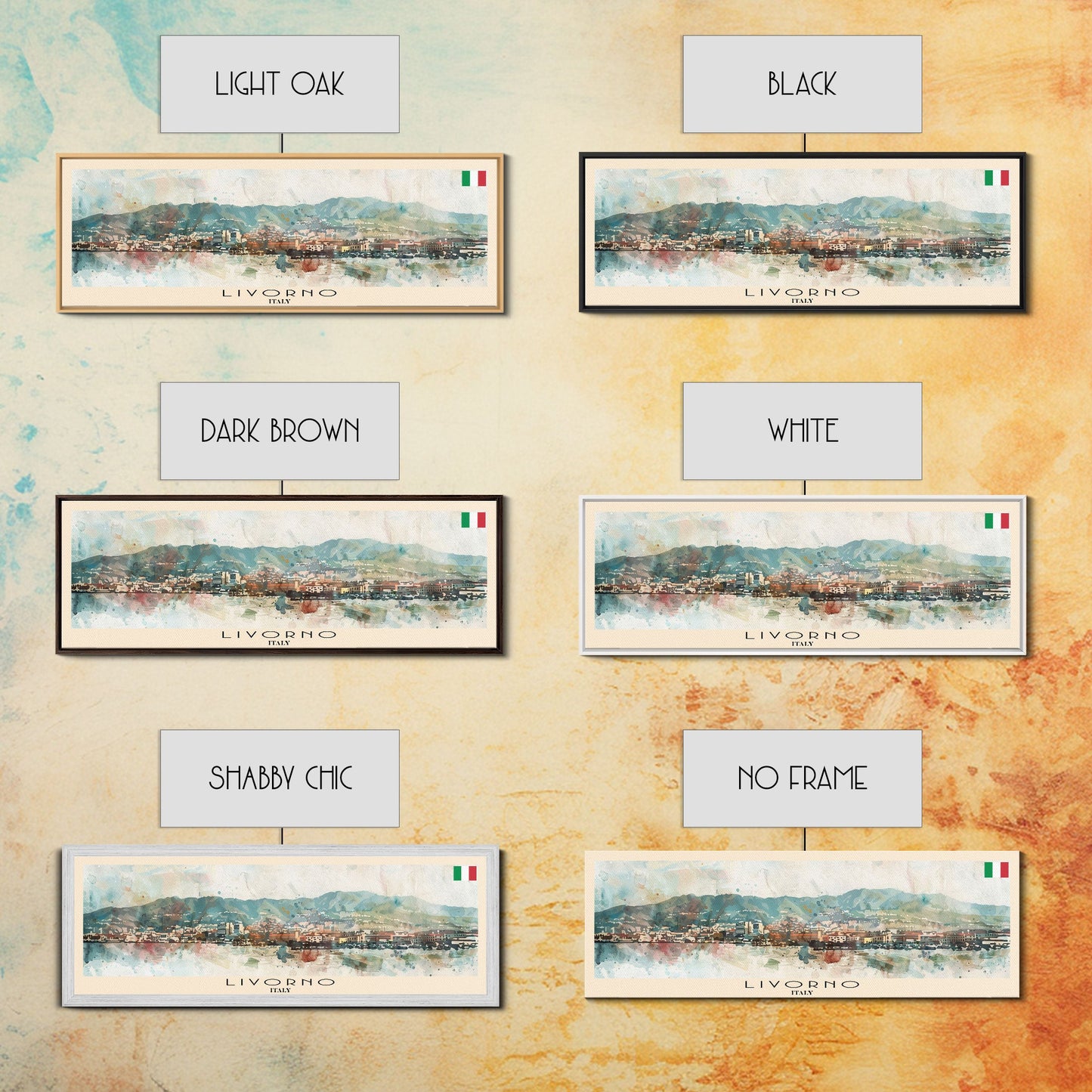 Livorno Italy Panoramic Travel Poster, Framed Canvas Print or Metal Wall Art, Travel Art, Home Decor, Panoramic Painting, Midcentury Art