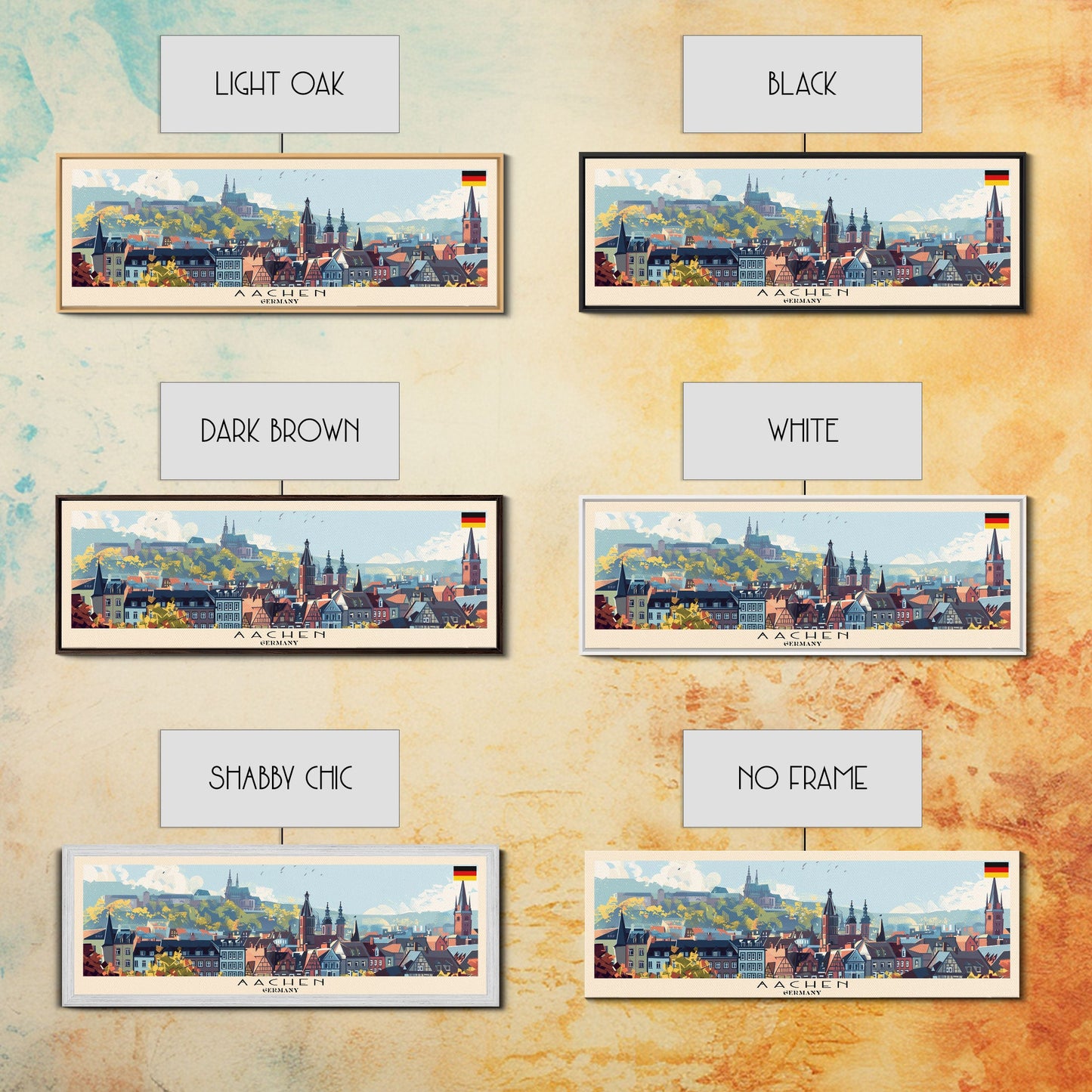 Aachen Germany Panoramic Travel Poster, Framed Canvas Print or Metal Wall Art, Travel Art, Home Decor, Panoramic Painting, Midcentury Art