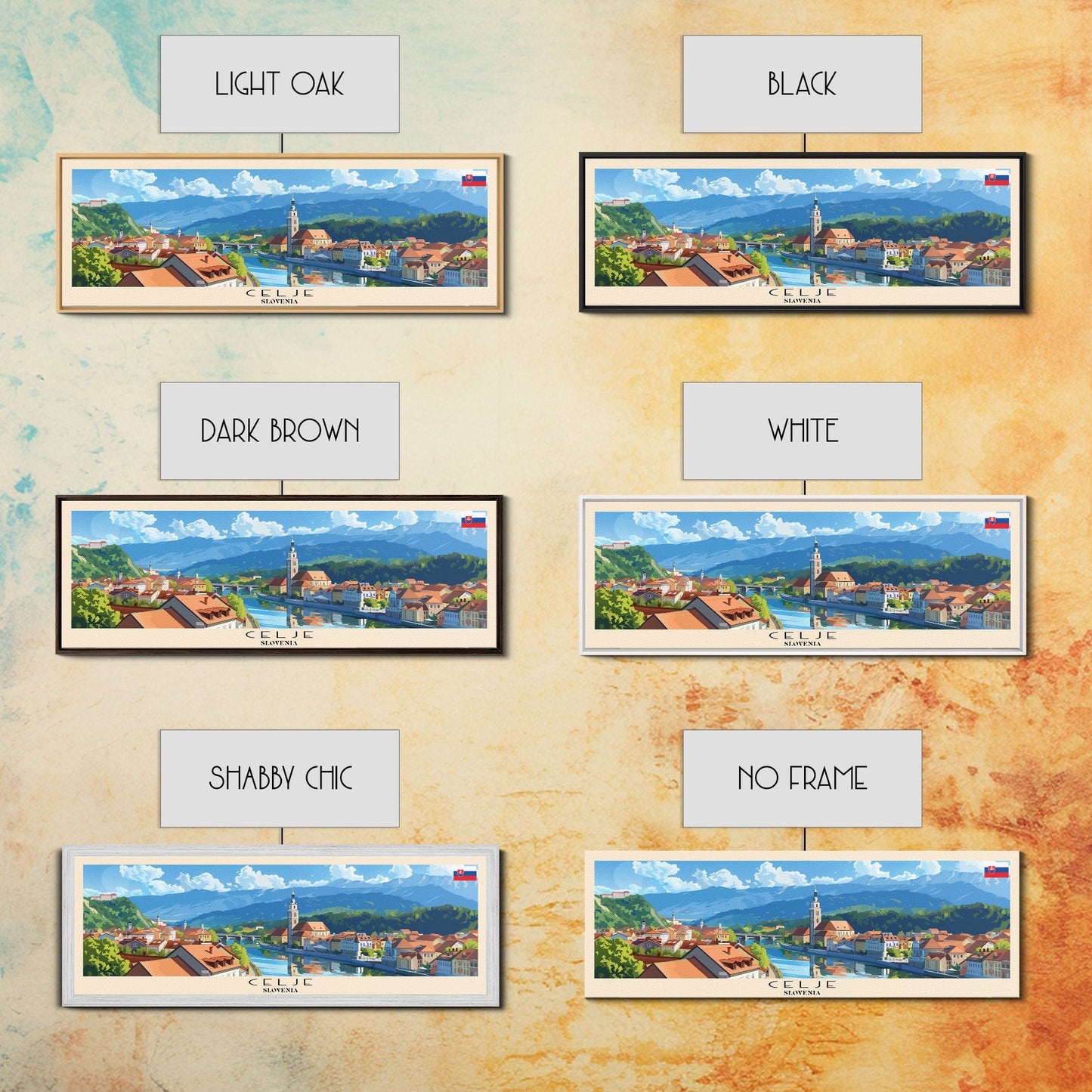 Celje Slovenia Panoramic Travel Poster, Framed Canvas Print or Metal Wall Art, Travel Art, Home Decor, Panoramic Painting, Midcentury Art