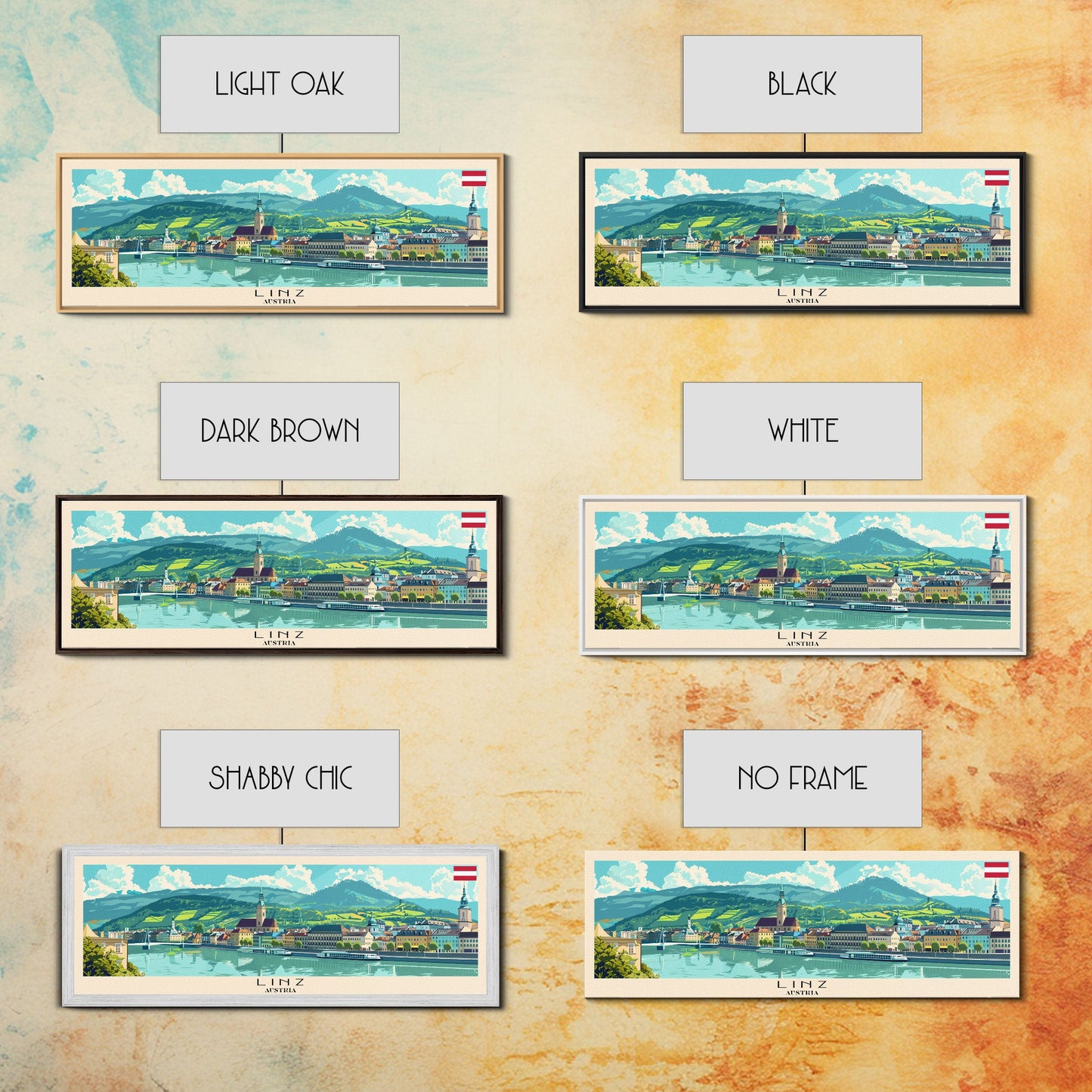 Linz Austria Panoramic Travel Poster, Framed Canvas Print or Metal Wall Art, Travel Art, Home Decor, Panoramic Painting, Midcentury Art