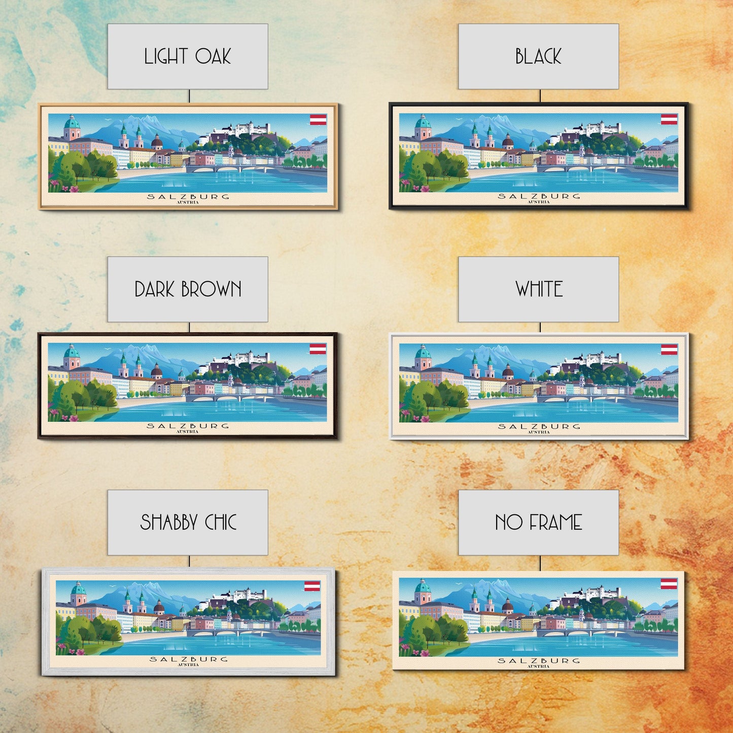 Salzburg Austria Panoramic Travel Poster, Framed Canvas Print or Metal Wall Art, Travel Art, Home Decor, Panoramic Painting, Midcentury Art