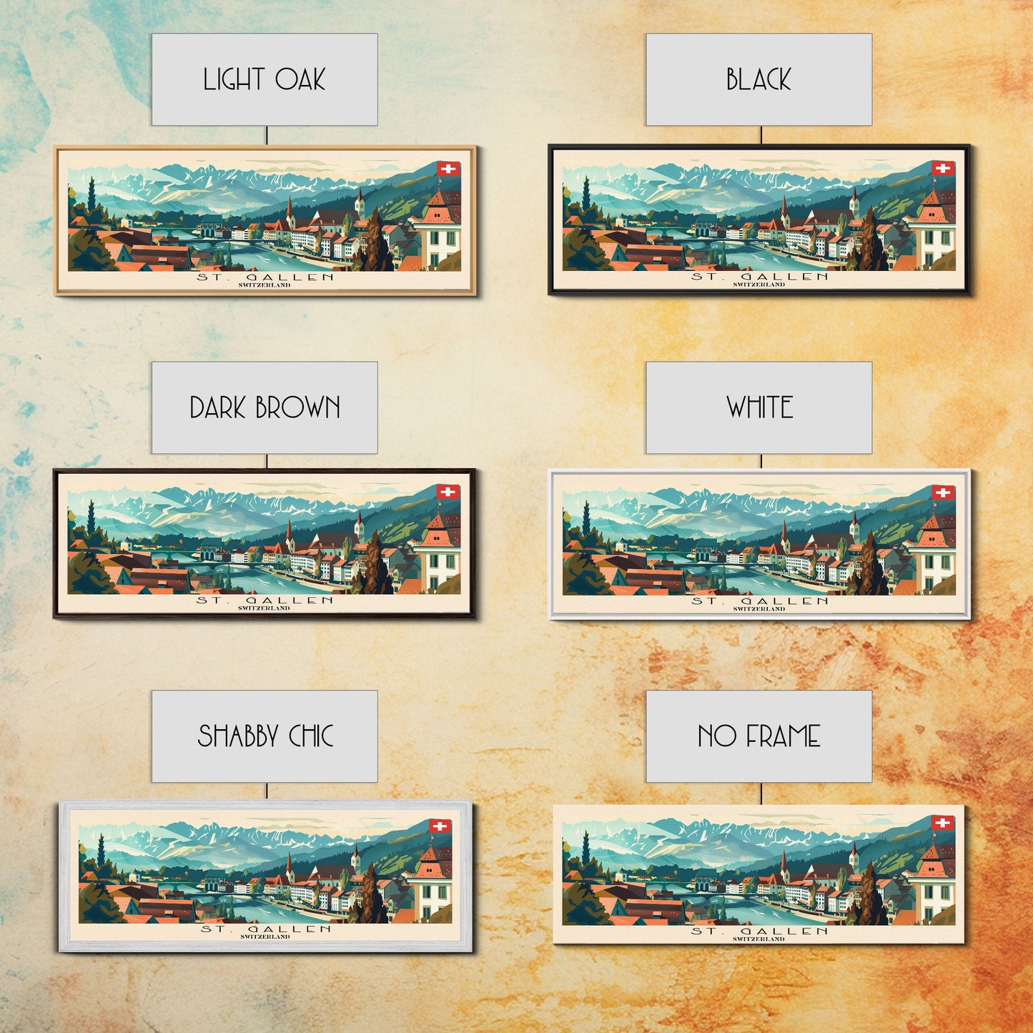 St. Gallen Switzerland Panoramic Travel Poster, Framed Canvas Print or Metal Wall Art, Travel Art, Home Decor, Panoramic Painting, Midcentury Art