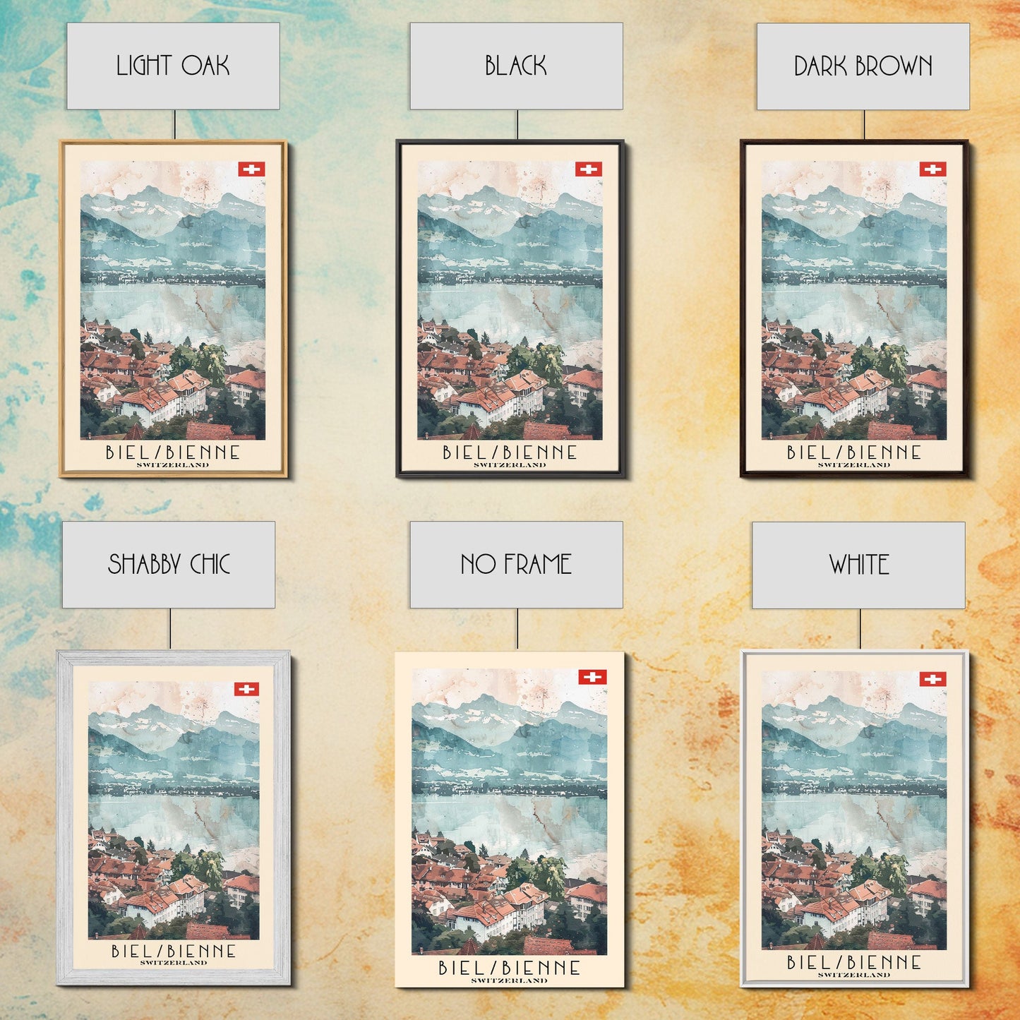 Biel/Bienne Switzerland Travel Poster Framed Canvas Print, Watercolor Painting, Wall Art, Home Decor, Scenic Travel Print