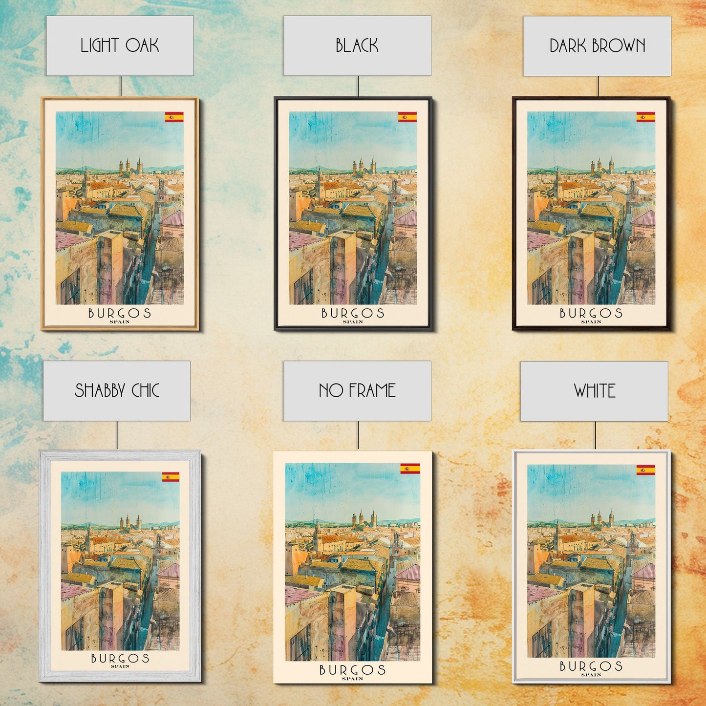 Burgos Spain Travel Poster Framed Canvas Print, Watercolor Cityscape, Wall Art, Home Decor, Living Room Art, Travel Print, Boho Style, Art Piece
