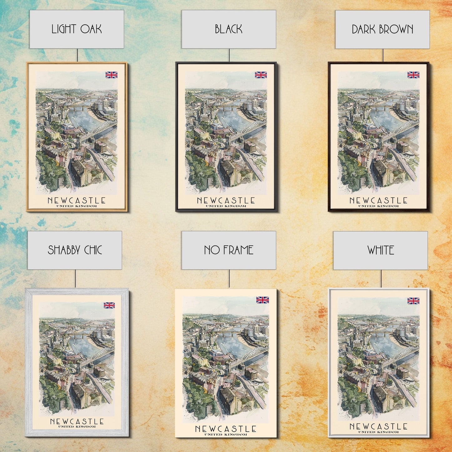 Newcastle United Kingdom Framed Canvas Print, Urban Travel Poster, Watercolor Painting, Cityscape Wall Art, Home Decor, Unique Art