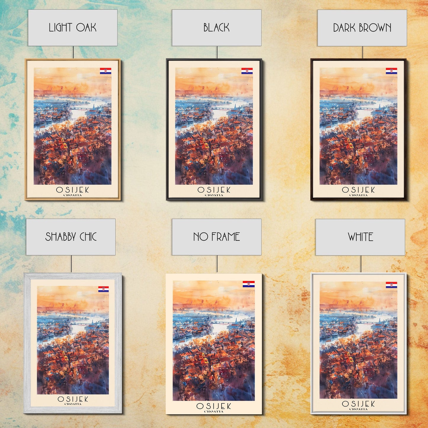 Osijek Croatia Travel Poster Framed Canvas Print, Watercolor Painting, Scenic Wall Art, Home Decor, Croatian Landscape, Rustic Art