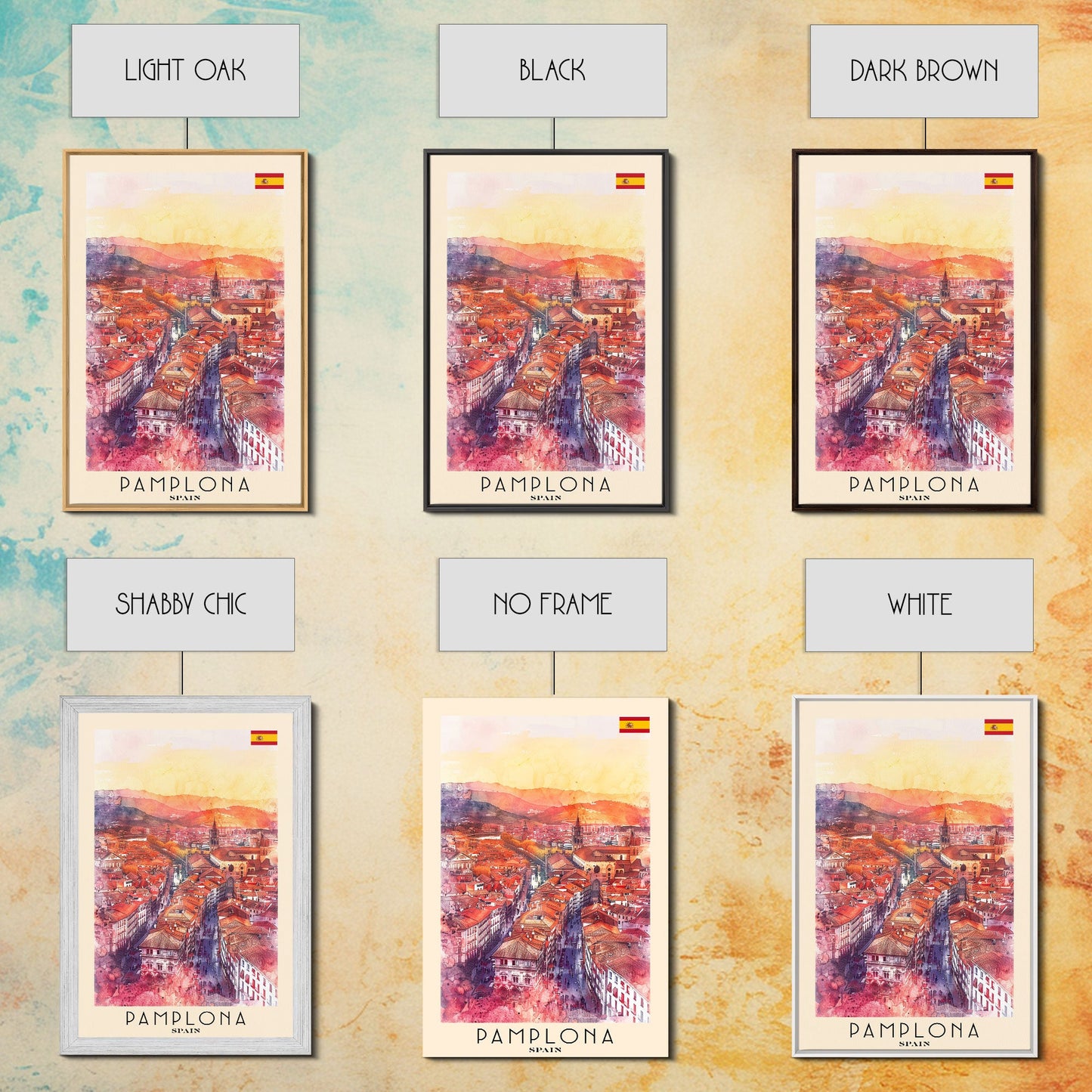 Pamplona Spain Travel Poster Framed Canvas Print, Watercolor Painting, Urban Wall Art, Home Decor, Spanish Architecture, Classic Art