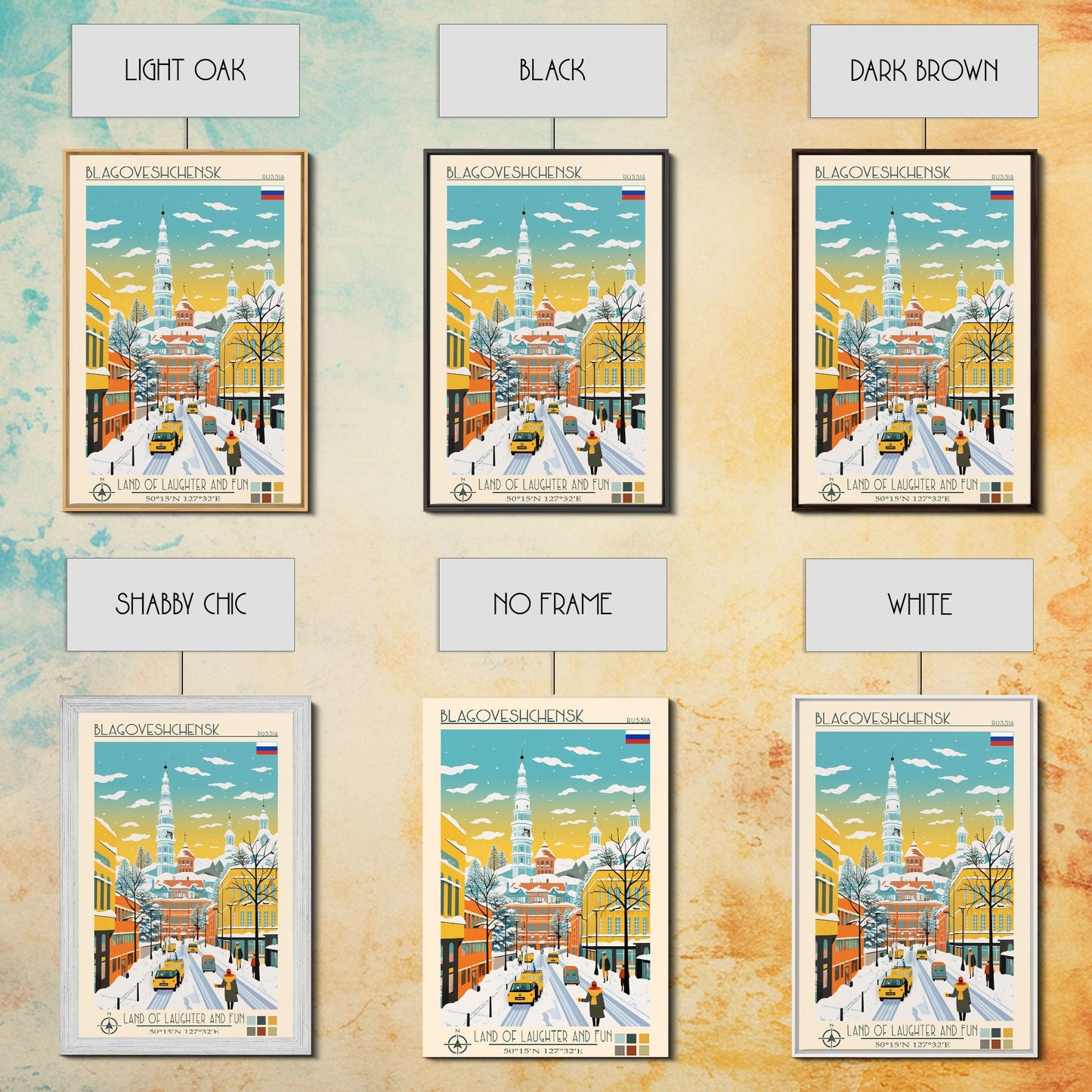 Blagoveshchensk Russia Travel Poster Framed Canvas Print, Midcentury Modern Art, Pop Art Home Decor, Scenic Wall Art, Unique Gift