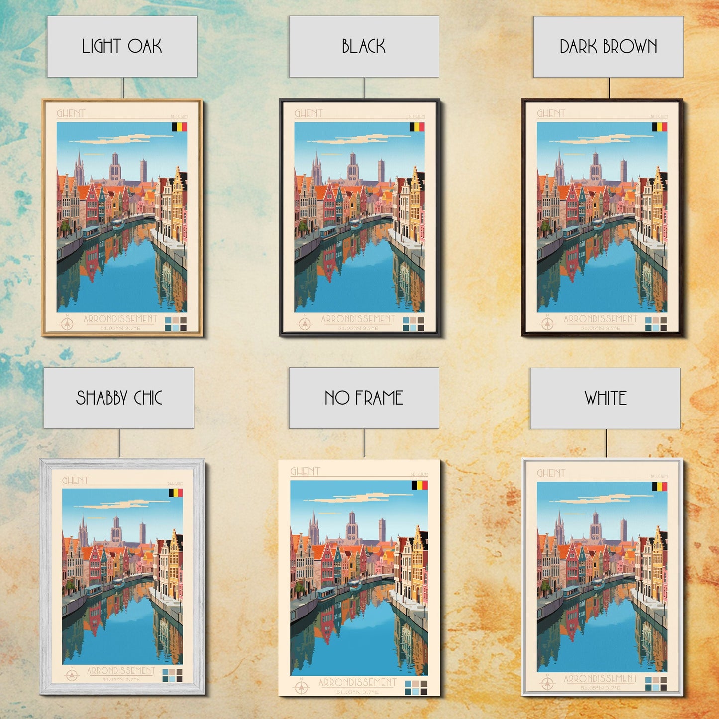 Ghent Belgium Travel Poster Framed Canvas Print, Midcentury Modern Art, Pop Art Wall Decor, Scenic Wall Art, Living Room Decoration, Office Art