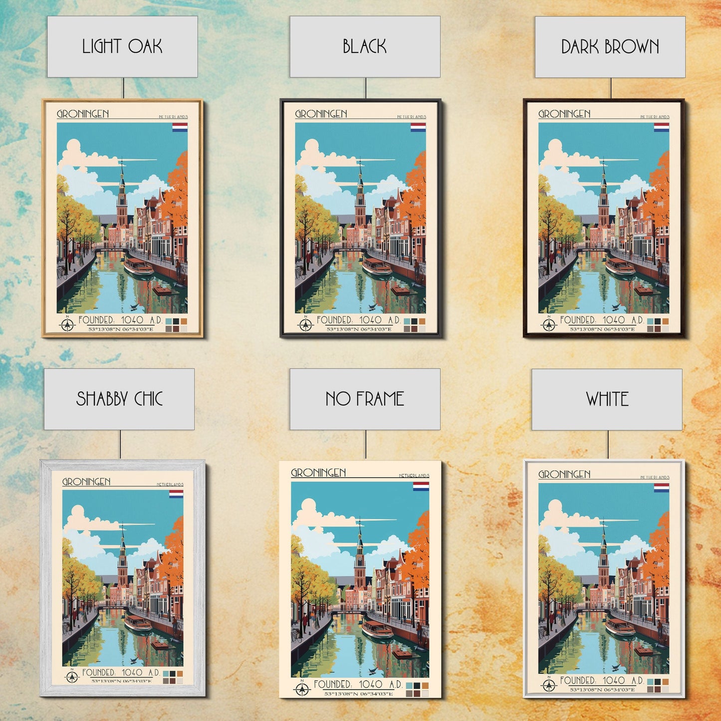 Groningen Netherlands Travel Poster Framed Canvas Print, Midcentury Modern Art, Pop Art Wall Decor, Scenic Living Room Art, Bedroom Gift