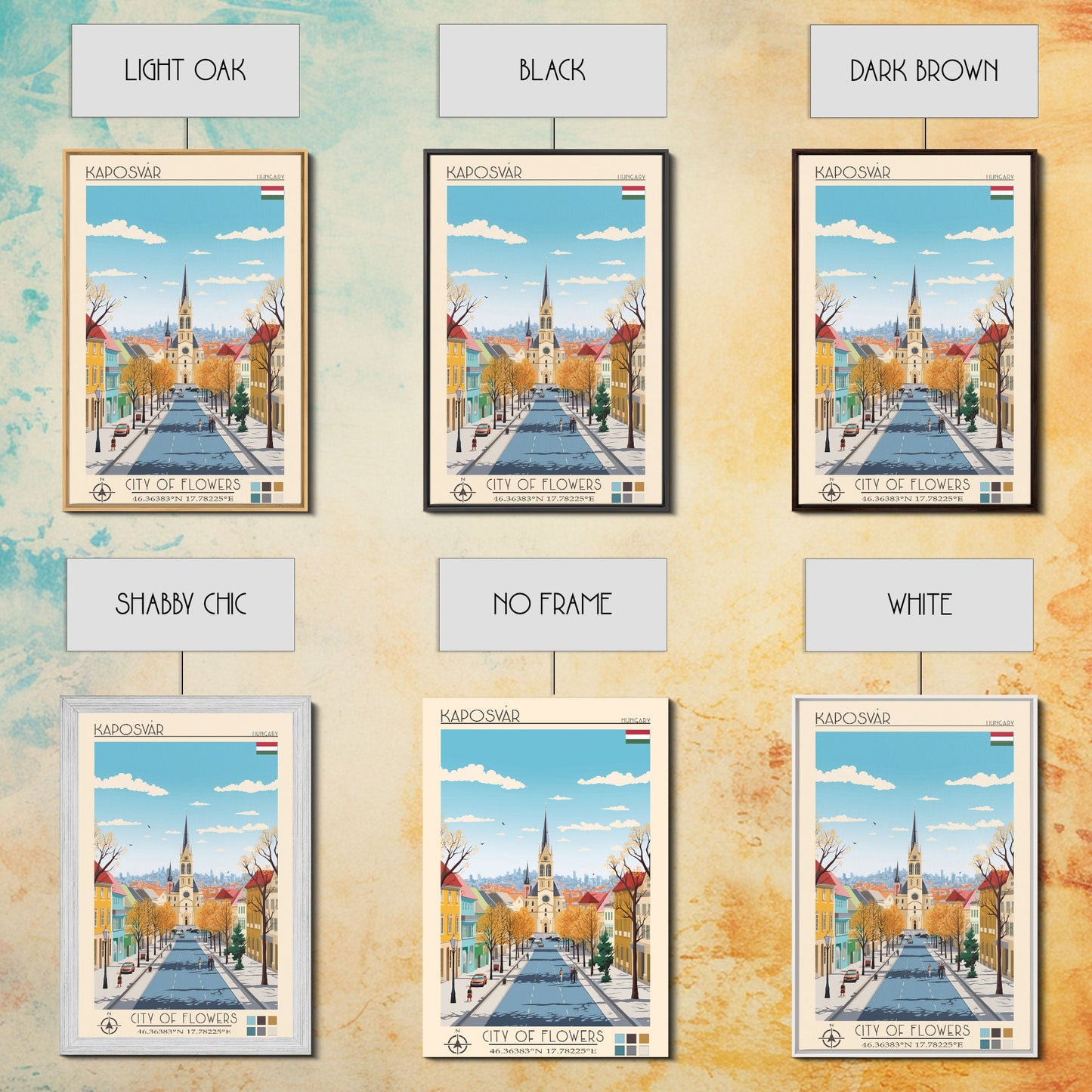 Kaposvár Hungary Travel Poster Framed Canvas Print, Midcentury Modern Art, Pop Art Wall Decor, Scenic Bedroom Art, Office Decoration