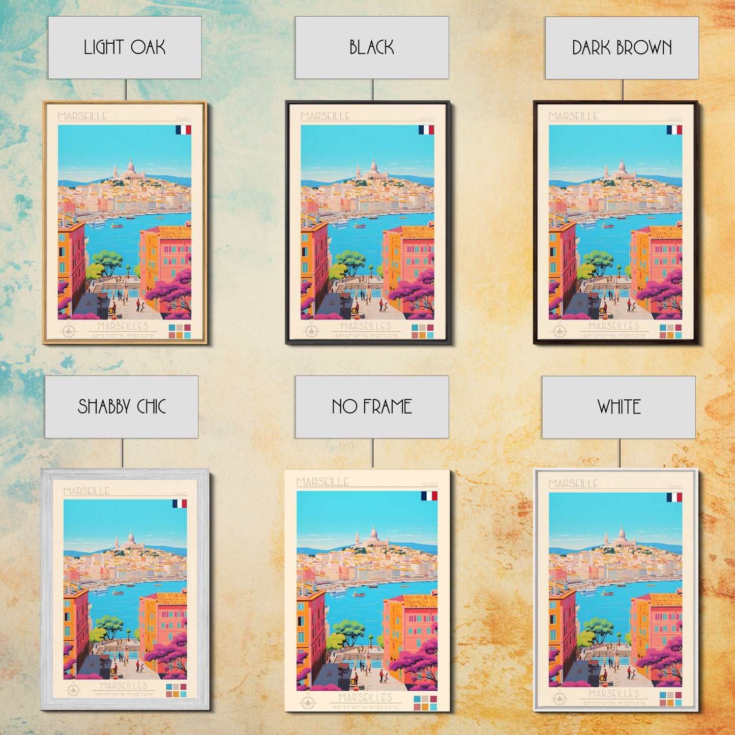 Marseille France Travel Poster Framed Canvas Print, Midcentury Modern Art, Pop Art Wall Decor, Scenic Living Room Art, Bedroom Gift