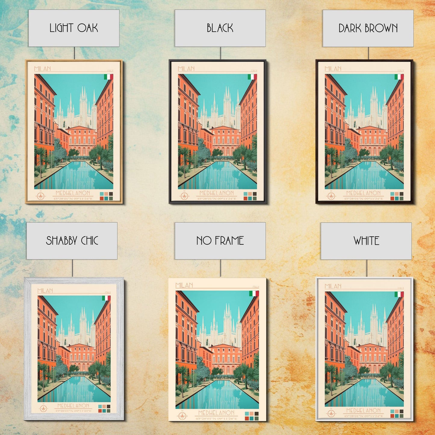 Milan Italy Travel Poster Framed Canvas Print, Midcentury Modern Art, Pop Art Wall Decor, Scenic Bedroom Art, Office Decoration