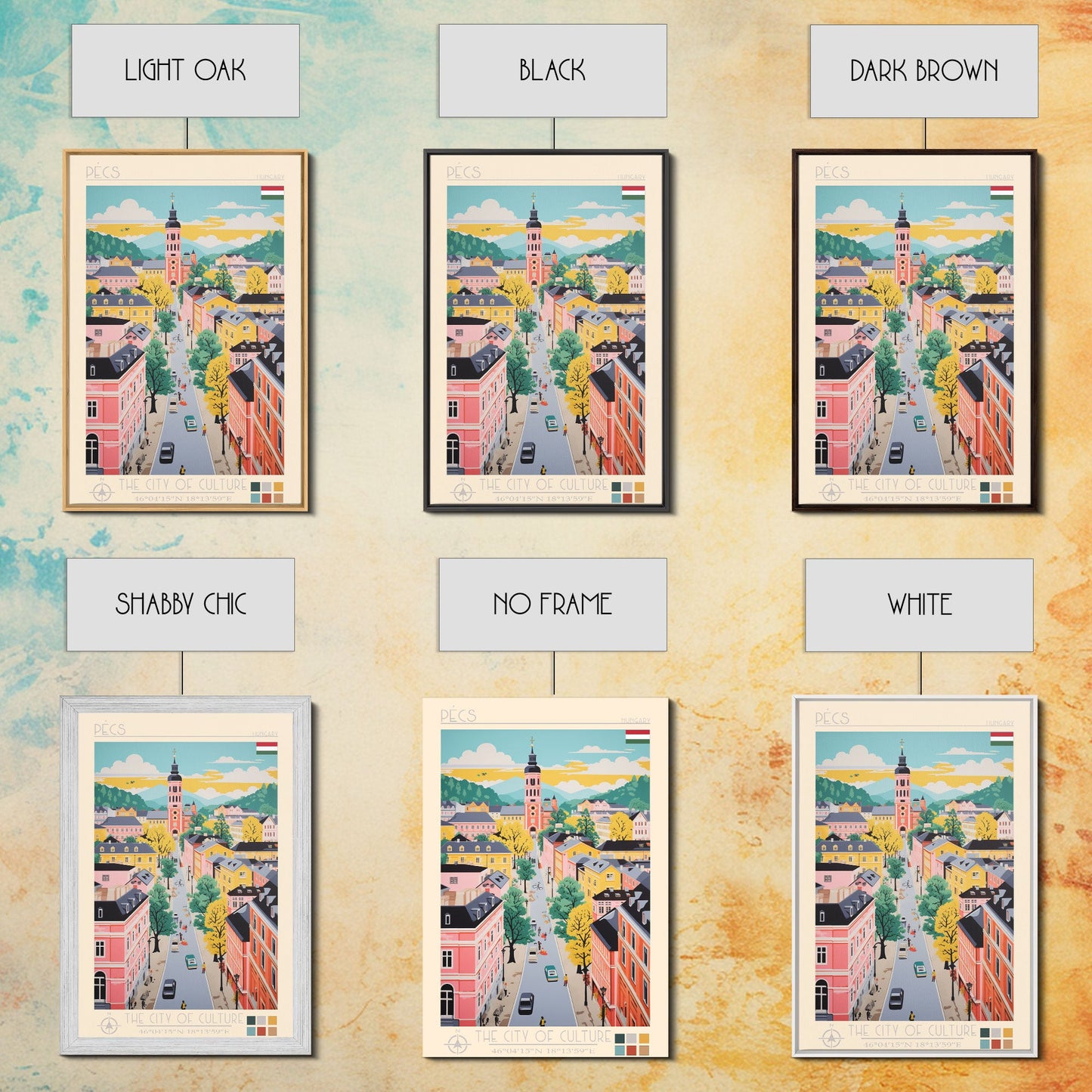 Pécs Hungary Travel Poster Framed Canvas Print, Midcentury Modern Art, Pop Art Wall Decor, Living Room Art, Home Decoration