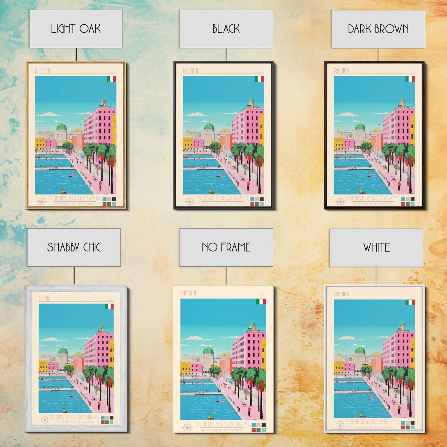 Rimini Italy Travel Poster Framed Canvas Print, Midcentury Modern Art, Pop Art Wall Decor, Scenic Bedroom Art, Office Decoration