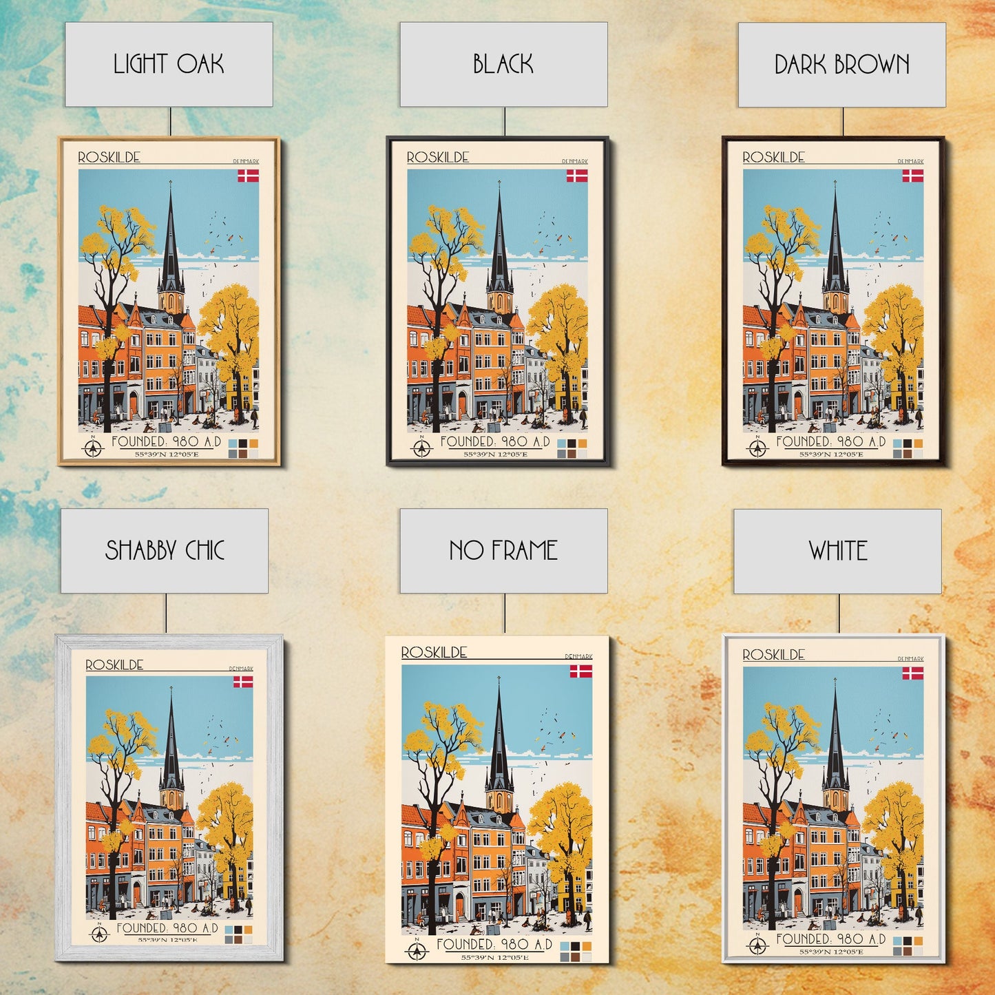 Roskilde Denmark Travel Poster Framed Canvas Print, Midcentury Modern Art, Pop Art Wall Decor, Scenic Living Room Art, Bedroom Gift