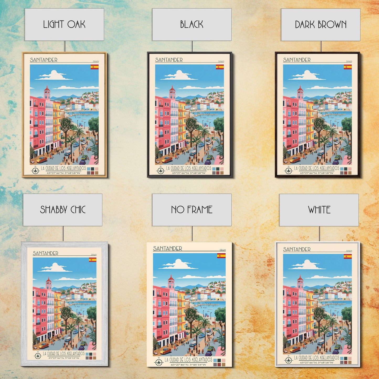 Santander Spain Travel Poster Framed Canvas Print, Midcentury Modern Art, Pop Art Wall Decor, Scenic Wall Art, Vacation Gift