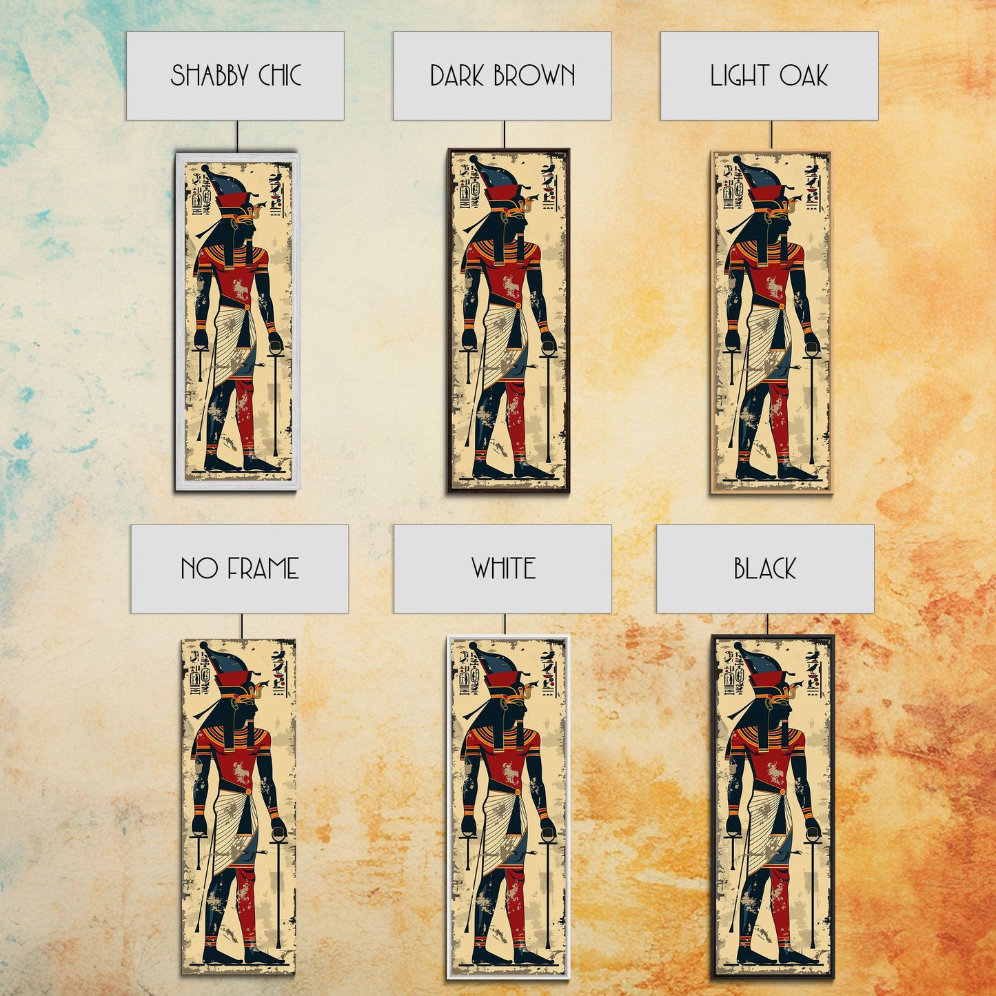 Egyptian Art Depiction of Horus - Framed Canvas Print, Midcentury Modern Wall Art, Skinny Art, Tall Art, Living Room Decor