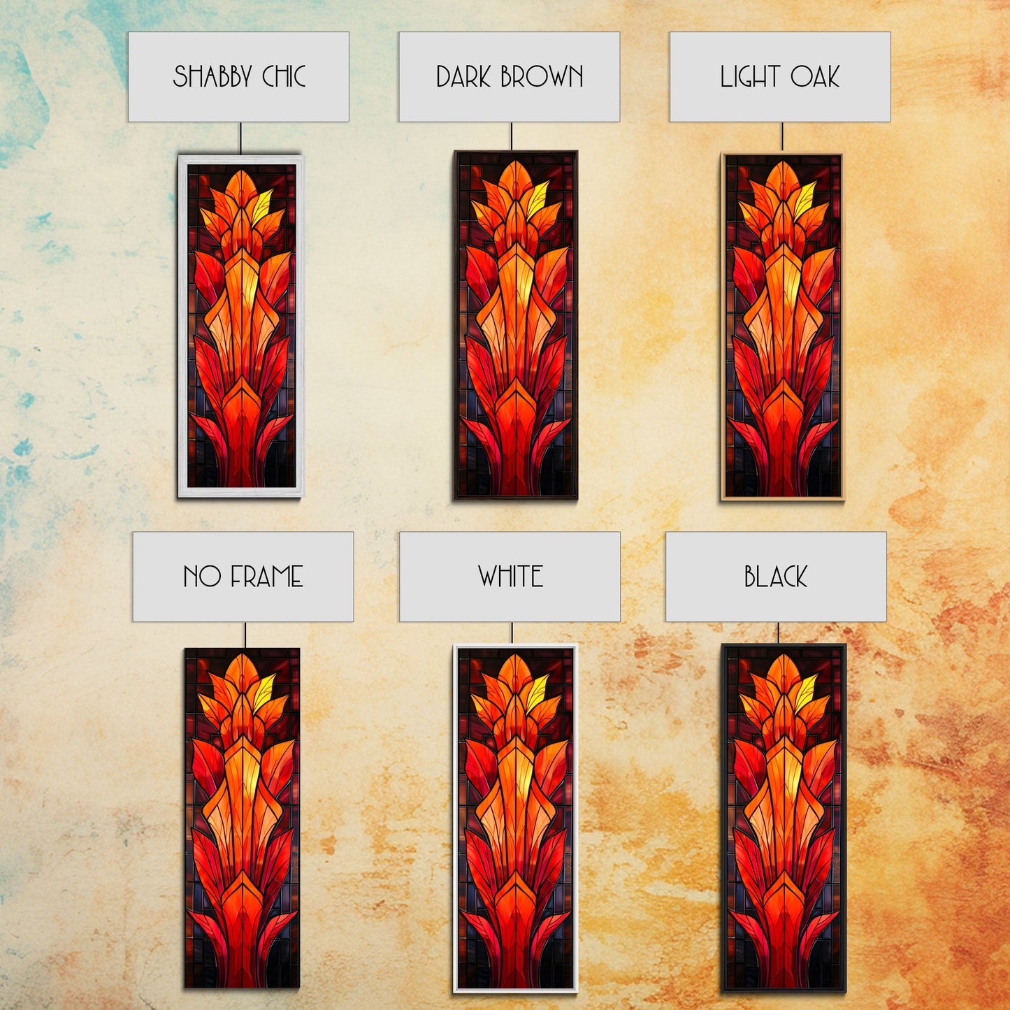 Red and Orange Floral Stained Glass Design - Framed Canvas Print, Midcentury Modern Art, Skinny Art, Tall Art, Living Room Wall Decor, Boho Art