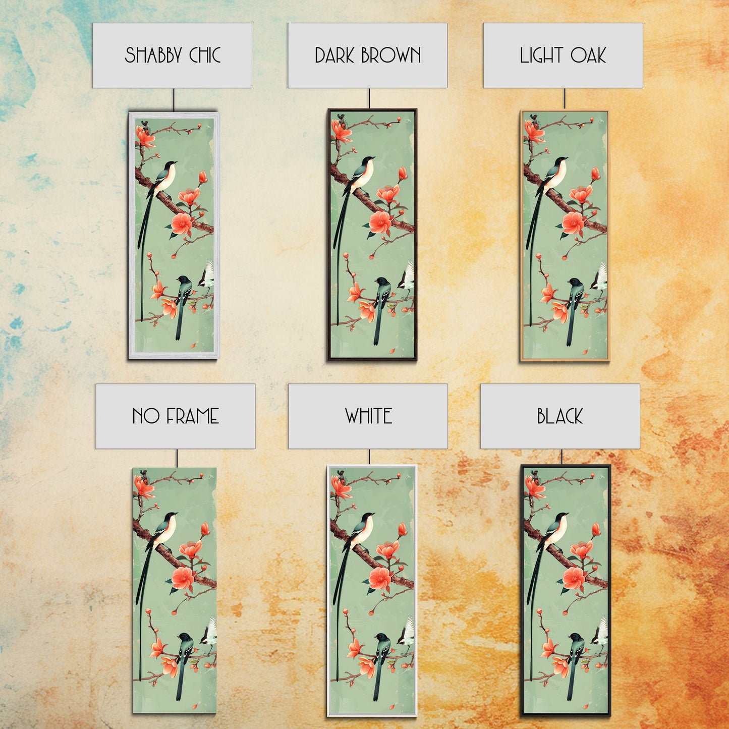 Elegant Birds on Branches Skinny Art Tall Art Japanese Ukiyo-e Inspired Bird and Nature Framed Canvas Print