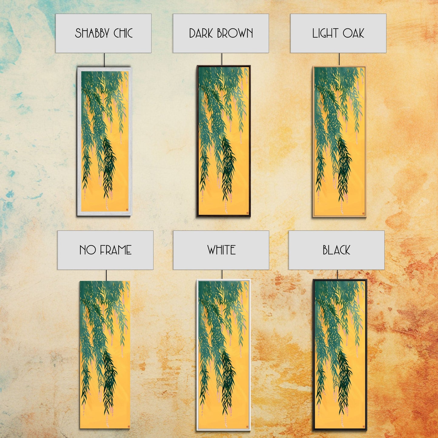 Japanese Skinny Art of Wisteria Hanging Over a Golden Background – Framed Canvas Print