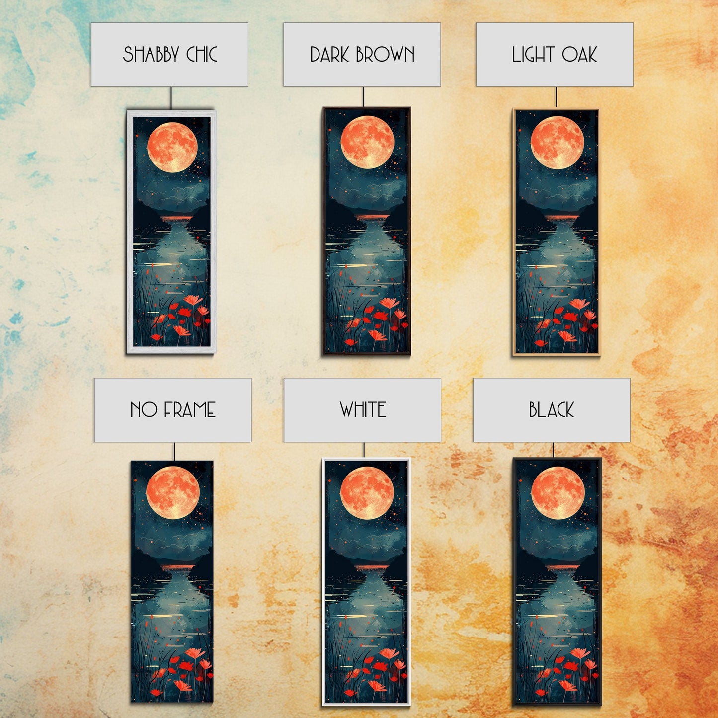 Skinny Art Full Moon Over Lake In Japanese Style Wood Block Print Vibrant Night Scene On Framed Canvas Print, Tall Art Ukiyo-e