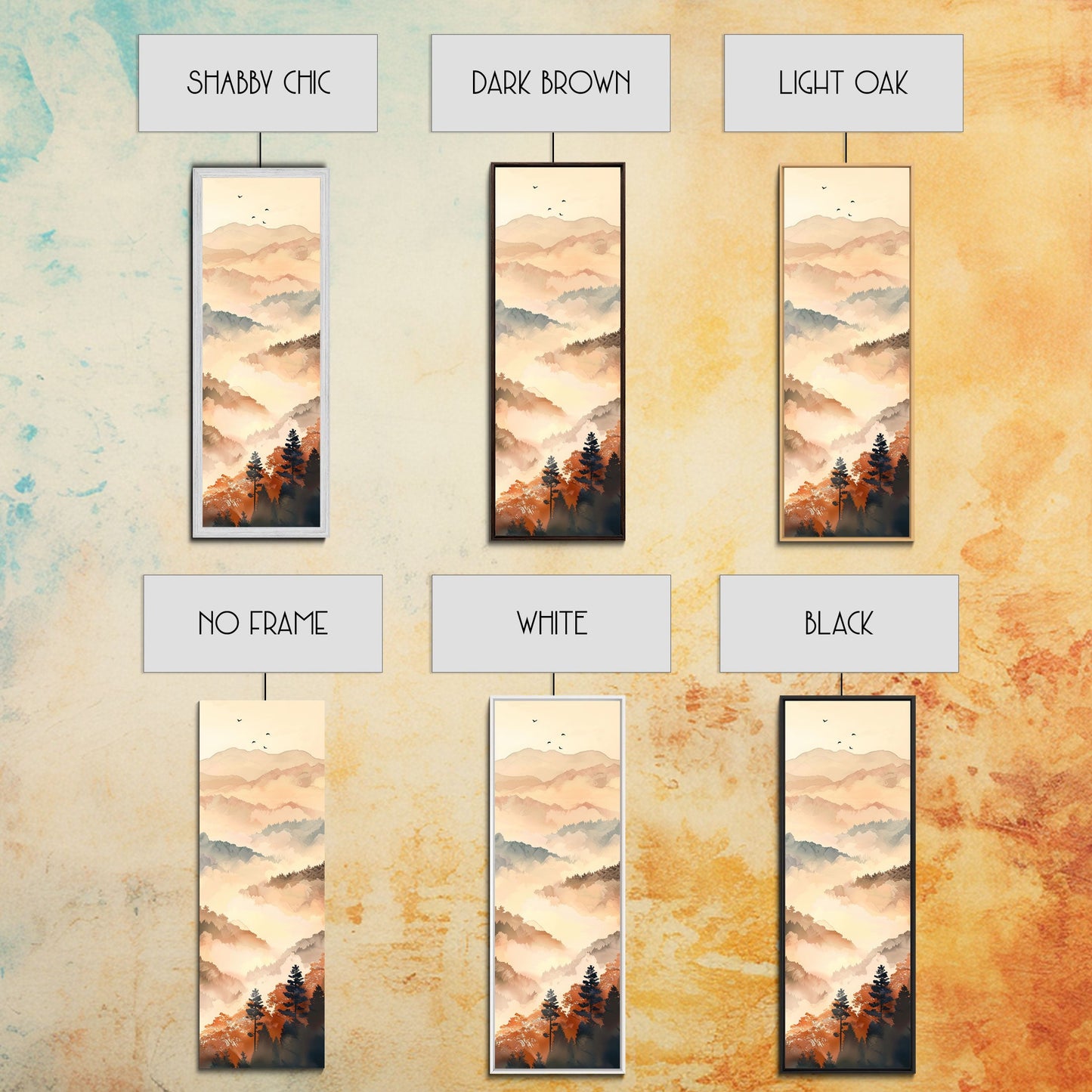 Skinny Art Tall Art Framed Canvas Print Layers Of Misty Mountains In Soft Warm Hues Ukiyo-e Japanese Style Art Wood Block Print