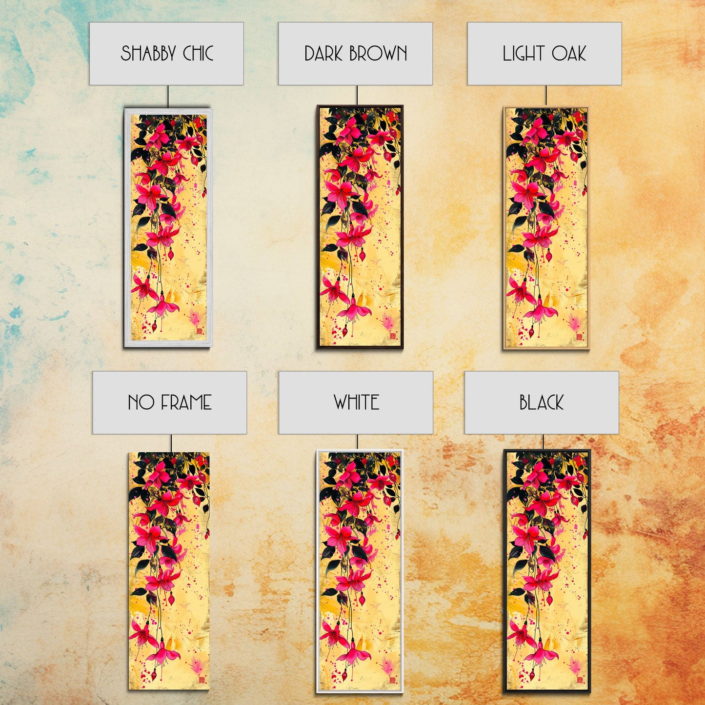 Skinny Art Tall Art Framed Canvas Print Bold Fuchsia Flowers In Dynamic Composition Over A Vibrant Yellow Background Ukiyo-e Japanese Style Art