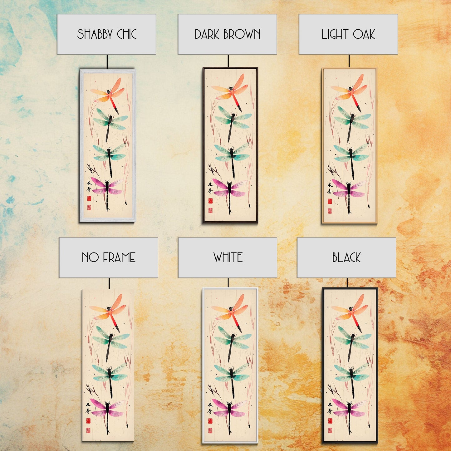 Dragonflies In Flight With Delicate Details Japanese Style Framed Canvas Print, Wall Art Ready To Hang For Nature Lovers