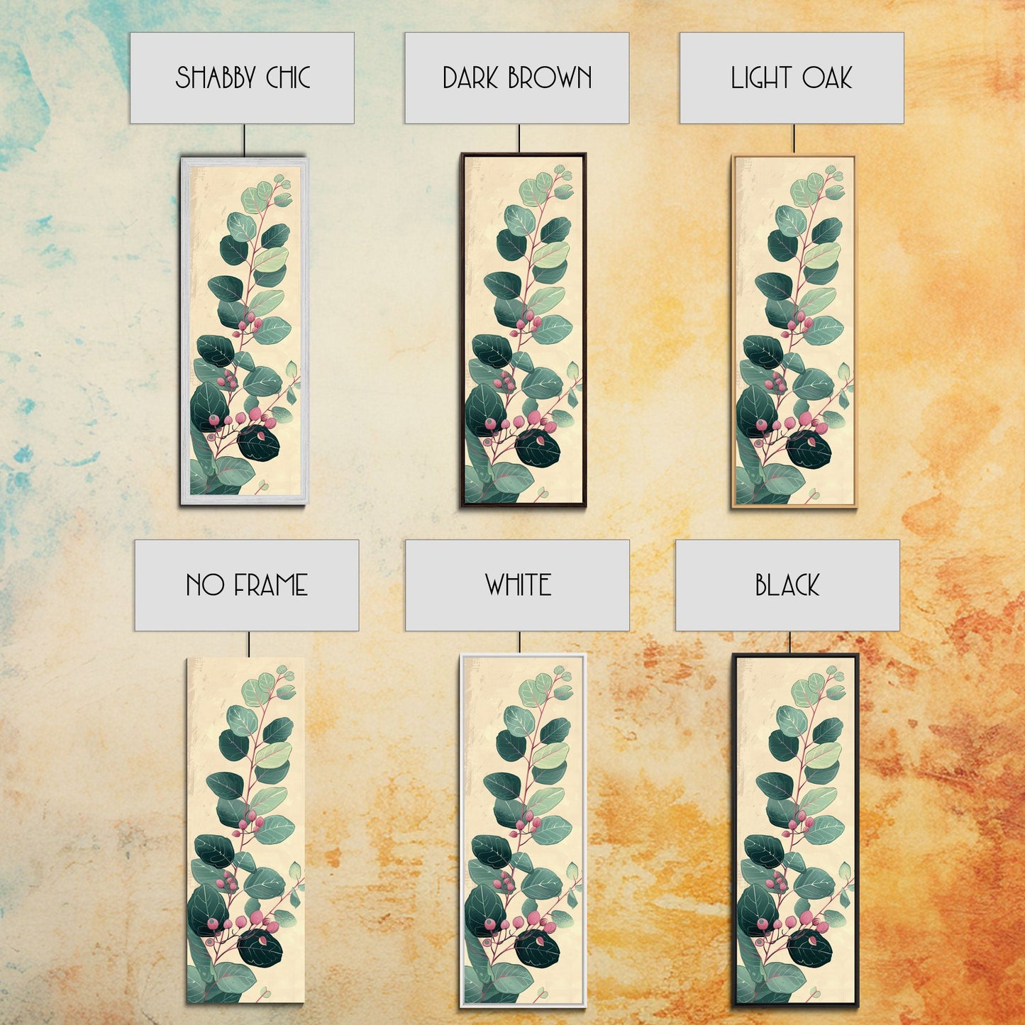 Delicate Green Leaves And Pink Buds On A Branch Against A Textured Background, Skinny Art Tall Wall Art Framed Canvas Print Japanese Style Art