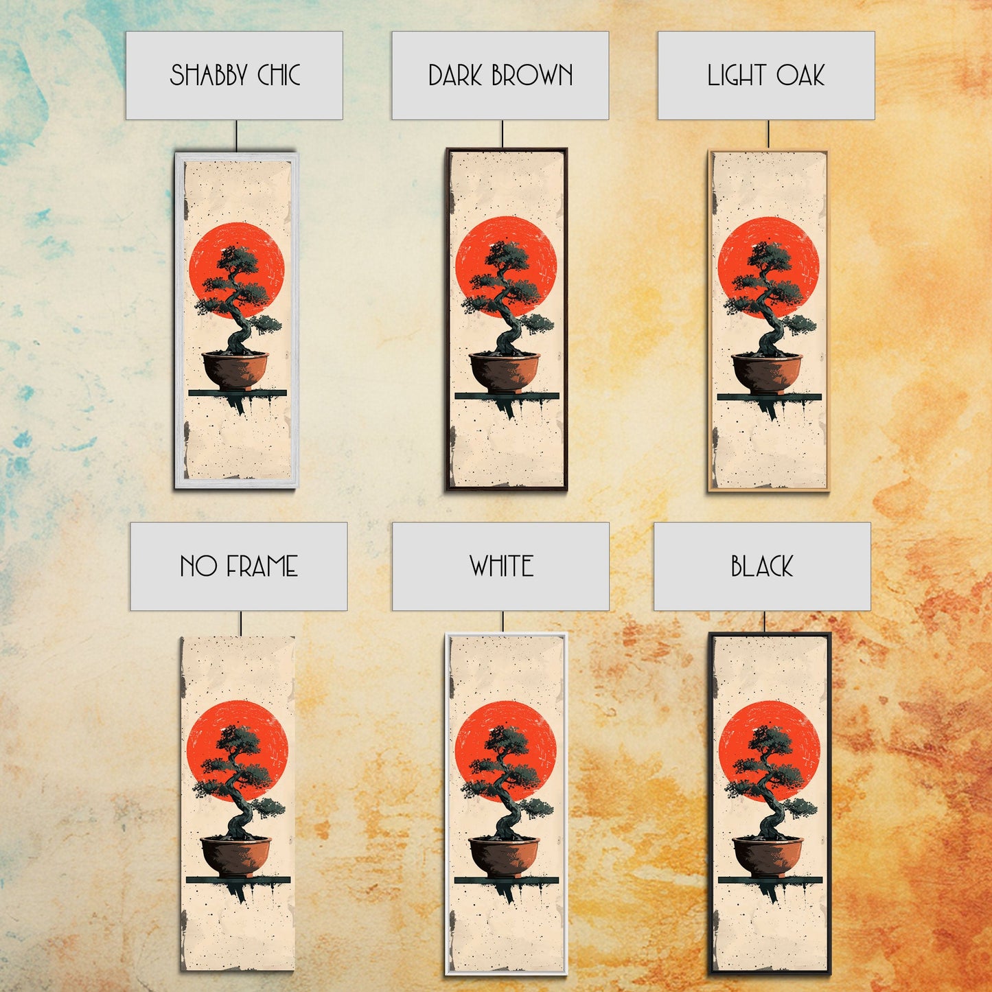 Canvas Print Bonsai Tree Silhouette Against Red Sun, Minimalistic Japanese Style Art For Modern Home, Wall Decoration