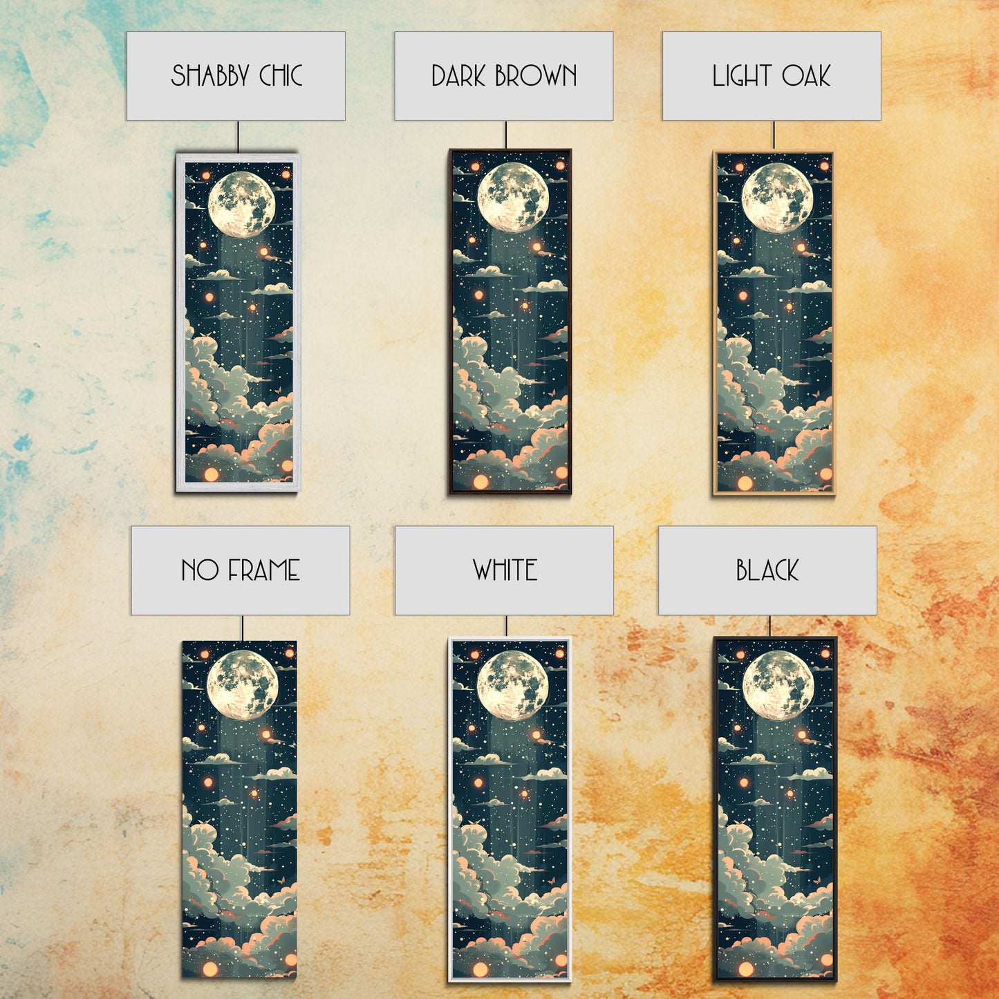 Moonlit Night With Japanese Lanterns Art On Framed Canvas Print In Ukiyo-e Style Tall Skinny Ethereal Wood Block Wall Decor