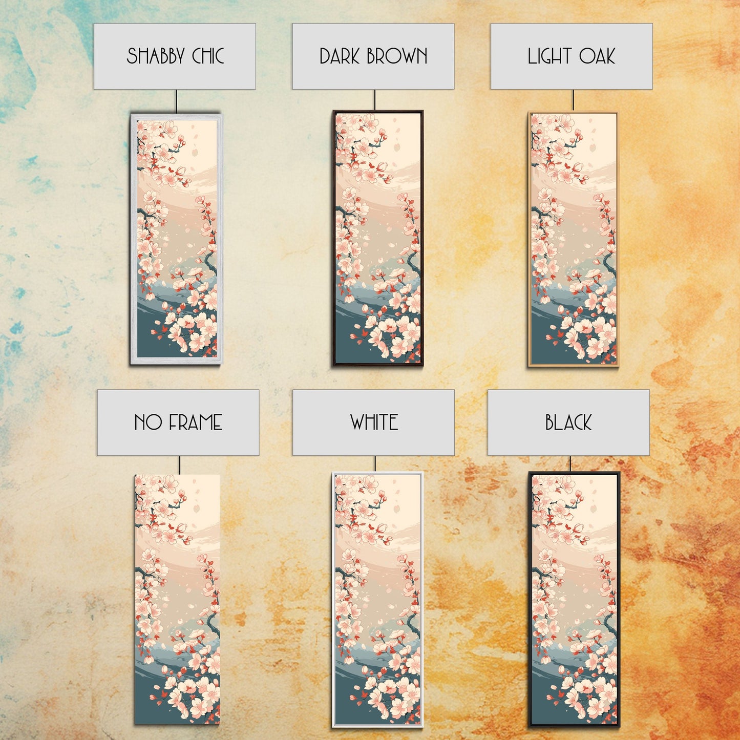 Cherry Blossom Branches Pale Background Japanese Style Tall Skinny Framed Canvas Print Wall Art