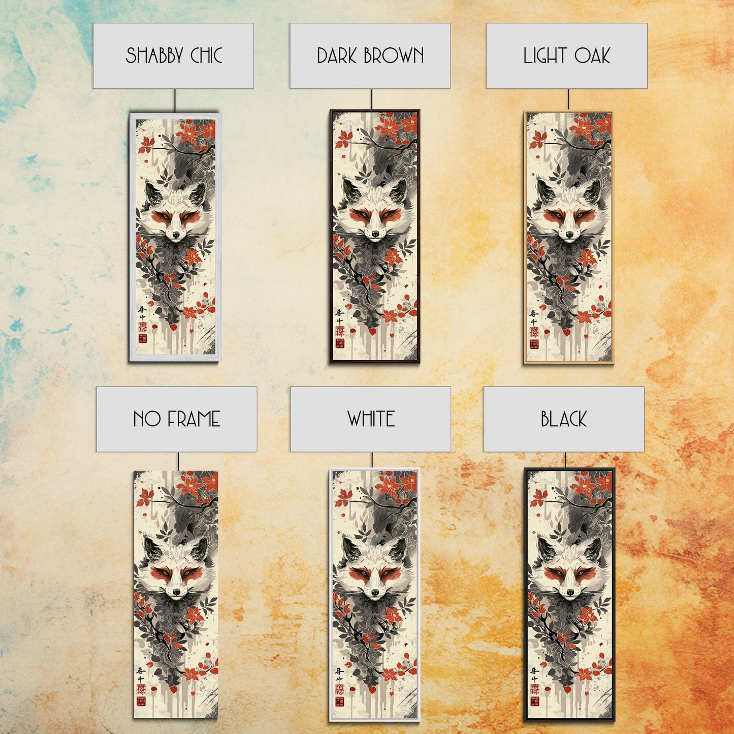 Fox Head Amidst Red Flowers On Textured Background Skinny Art Wood Block Print Framed Canvas Print