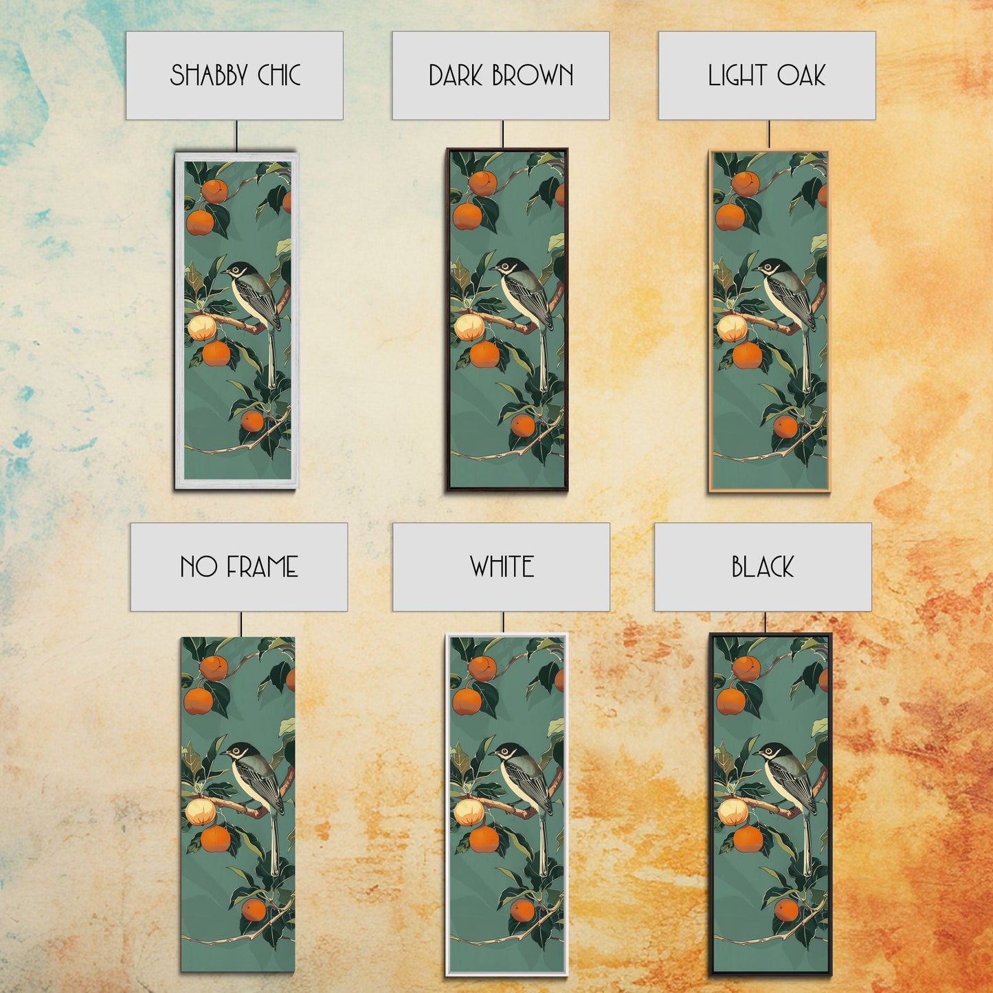 Elegant Bird Among Persimmons On A Green Canvas, Skinny Wall Art With Framed Canvas Print In Japanese Style Art For Feng Shui Decor