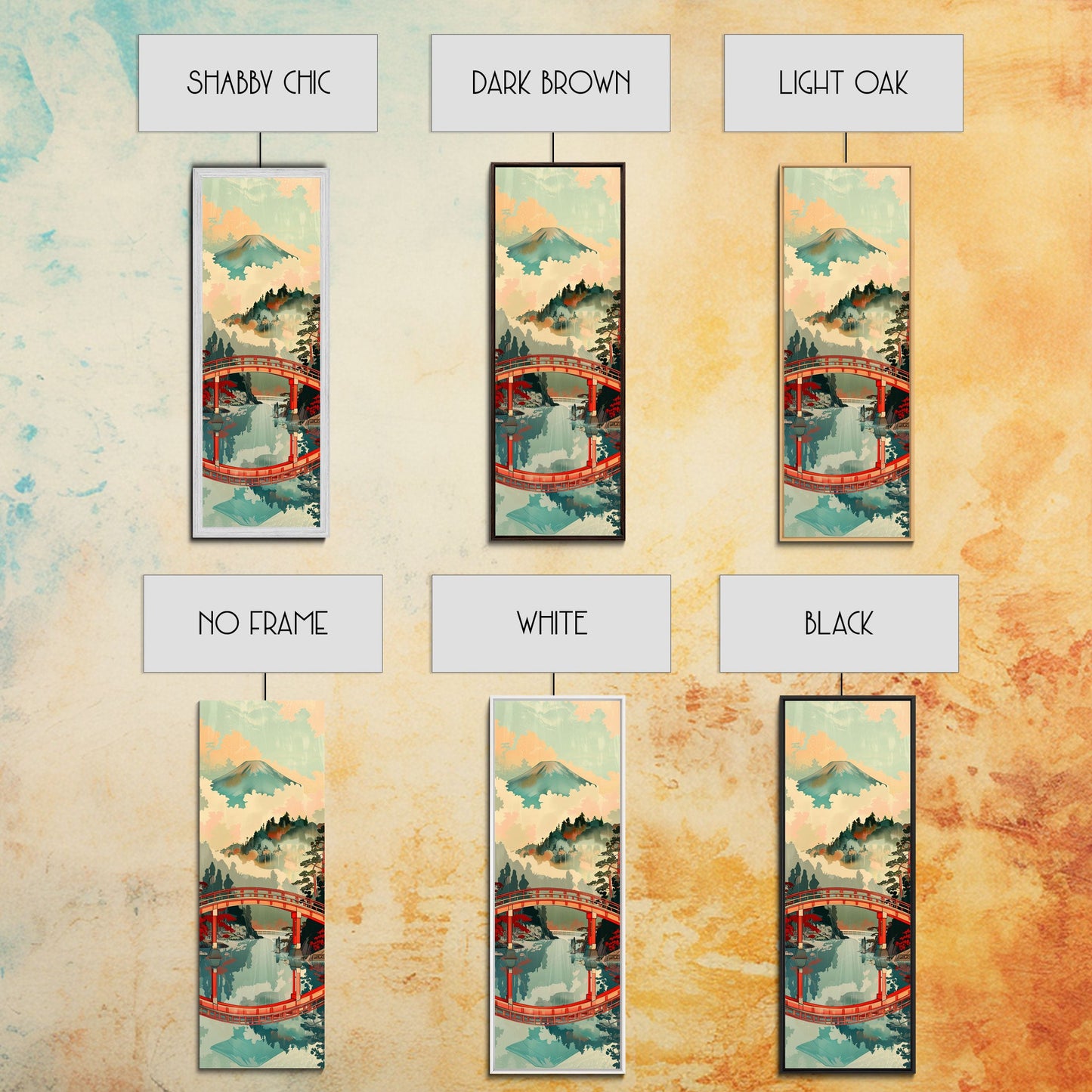 Atemberaubendes Motiv des Berges Fuji mit Spiegelung der roten Brücke, schmaler, hoher Leinwanddruck mit Rahmen, japanisches Wandbild im Feng-Shui-Stil