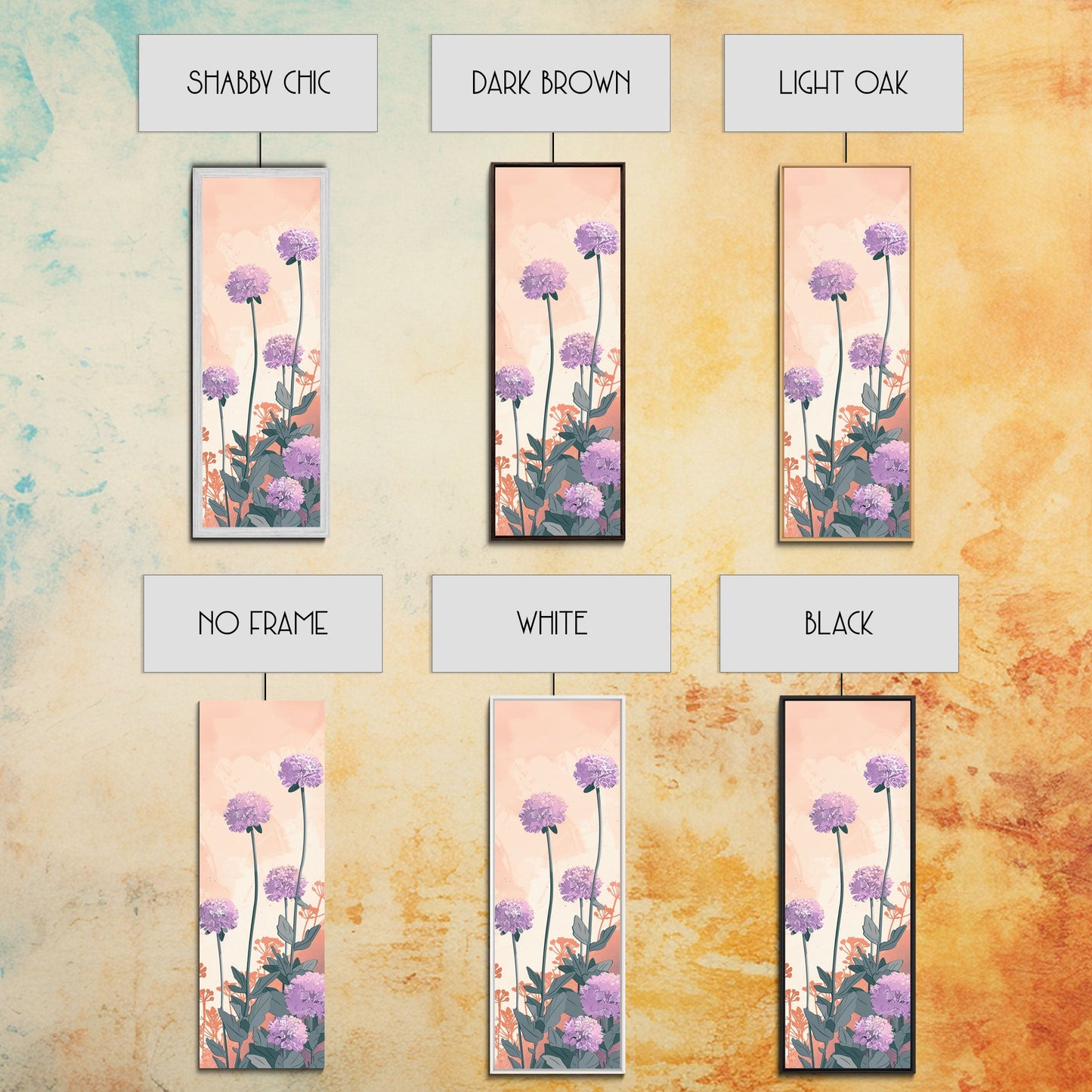 Beautiful Purple Flowers Standing Tall In Japanese Style Ukiyo-e Art Framed Canvas Print Skinny Art Tall Art