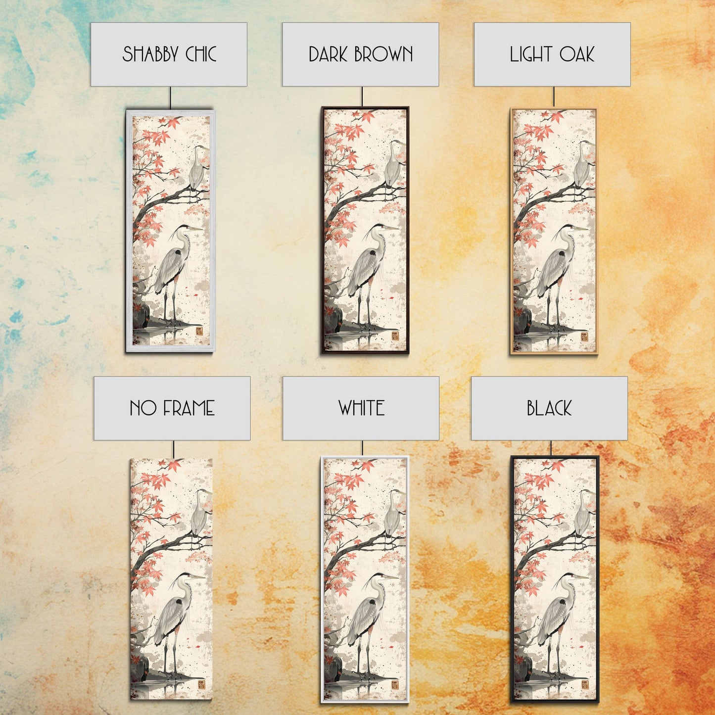 Herons On Autumn Branches Skinny Art Wood Block Print Japanese Style Art Framed Canvas Print Tall Art Ukiyo-e Art