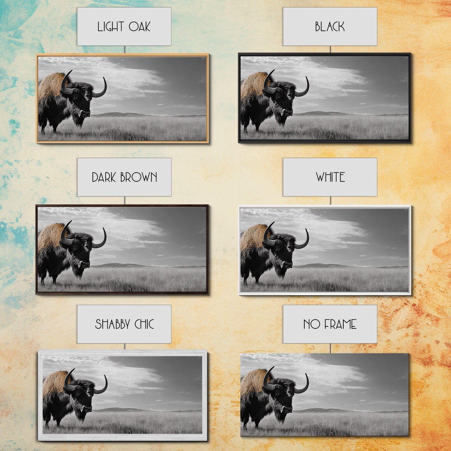 Büffel-Wandbild auf Leinwand | Rustikale Landhausdeko | Western-Landschaftskunst | Stimmungsvolles Wandbild | Extra breites Bild | Geschenk für Naturliebhaber