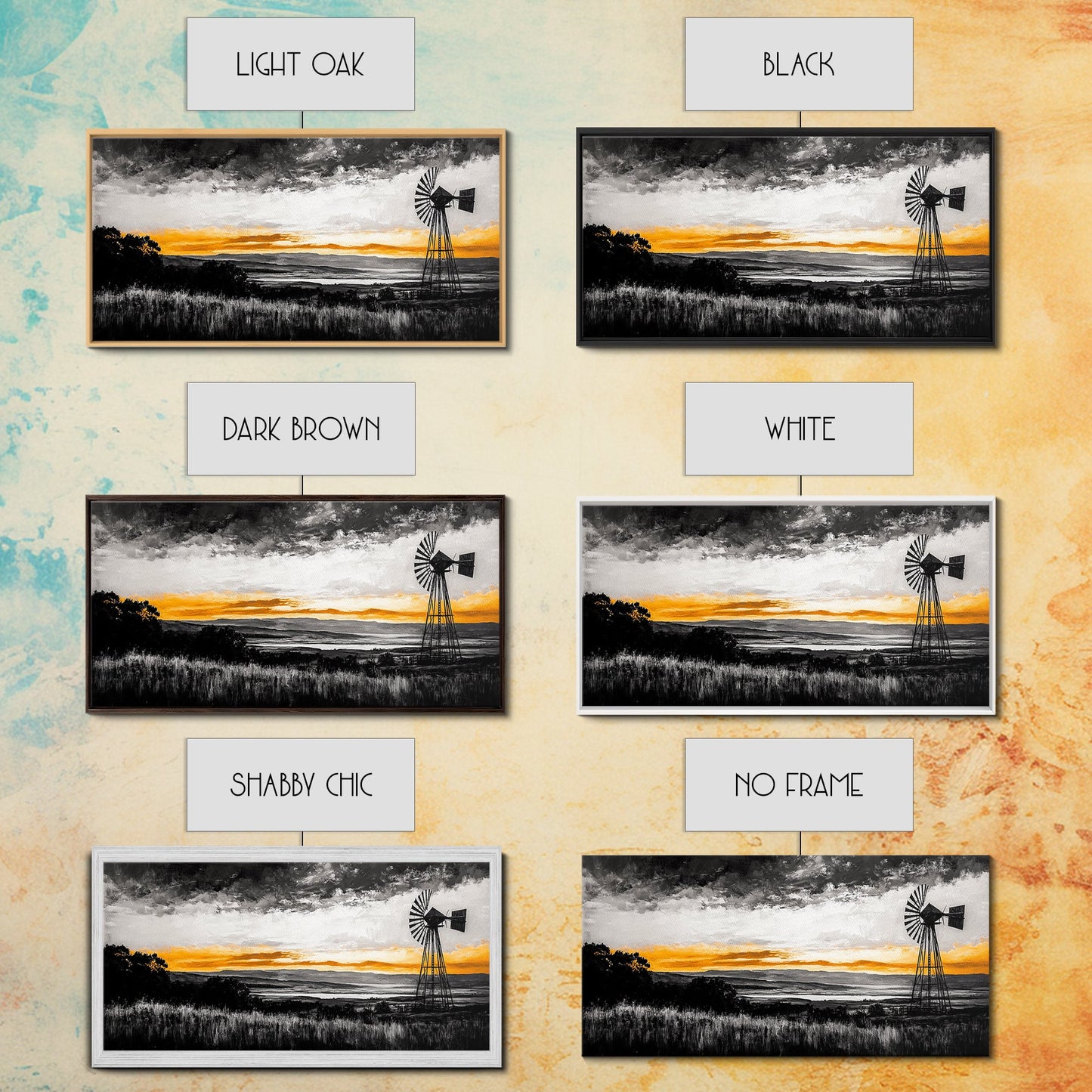 Windmill Sunset, windmill wall art, rustic decor, farmhouse art, landscape painting, extra wide art, framed canvas print, panoramic art