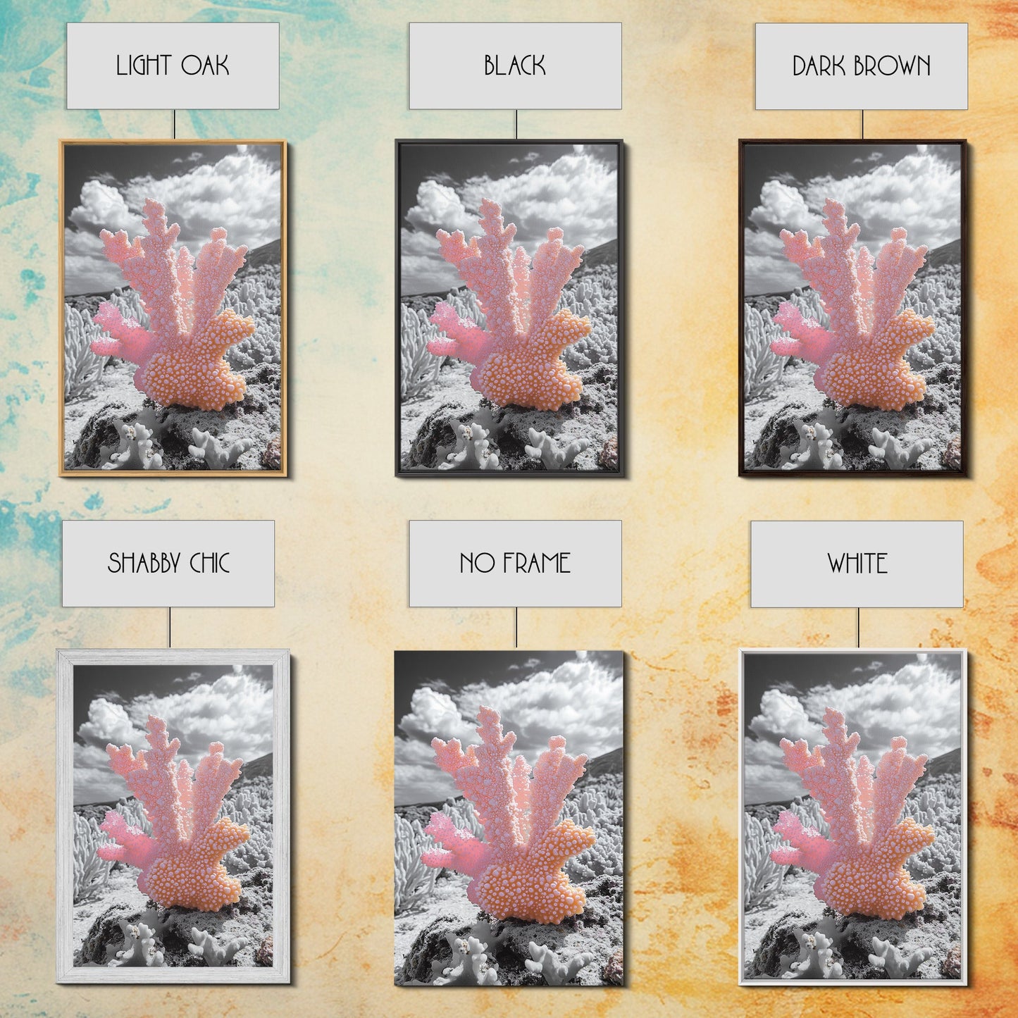 Ocean coral, coastal decor, nautical painting, framed canvas print, marine life art, whimsical ocean scene, tropical beach house wall art