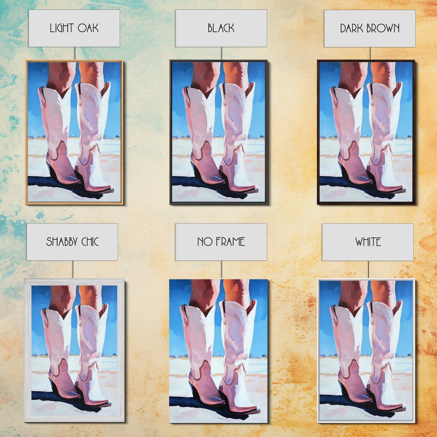 Cowgirl Boots, coastal cowgirl wall art, pink abstract art, rustic art, fashion painting, boho art, framed canvas print, gift idea