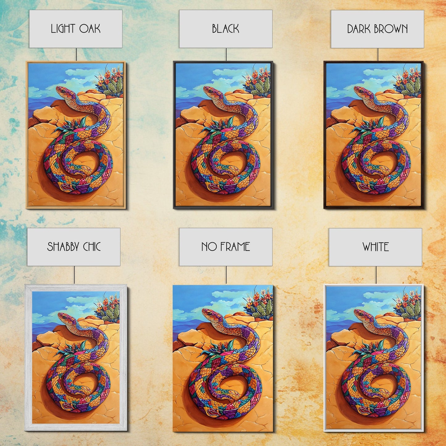 Coiled Snake, Vibrant Snake Art, Desert Landscape, Wildlife Art, Southwest Wall Art, Unique Decor, Framed Canvas Print