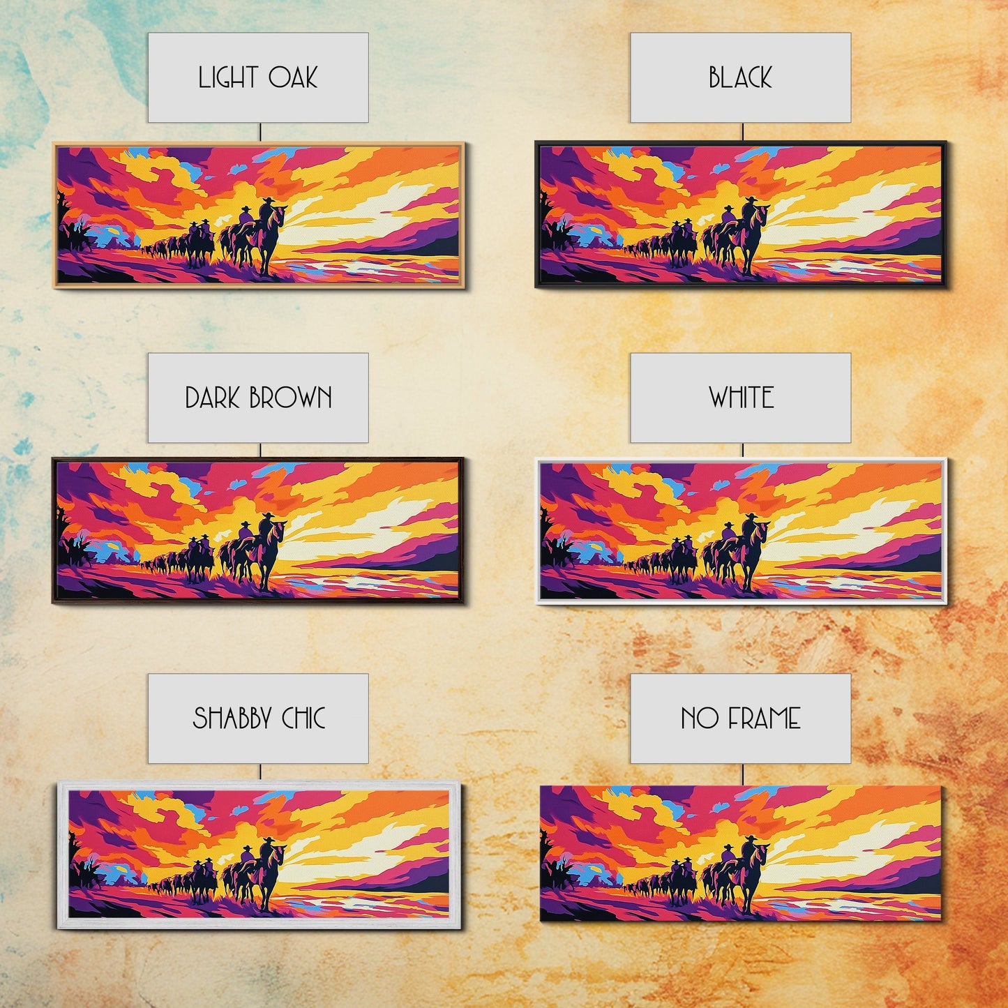 Cowboy Trail, sunset painting, southwest wall art, western decor, gift idea, extra wide art, panoramic painting, canvas print, rustic art