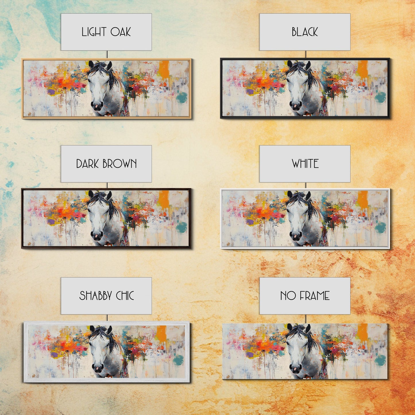 Weißes Pferd, abstrakte Kunst, stimmungsvolle Motive, rustikaler Stil, impressionistisches Pferd, gerahmter Leinwanddruck, extra breites Bild, moderne Landhauskunst