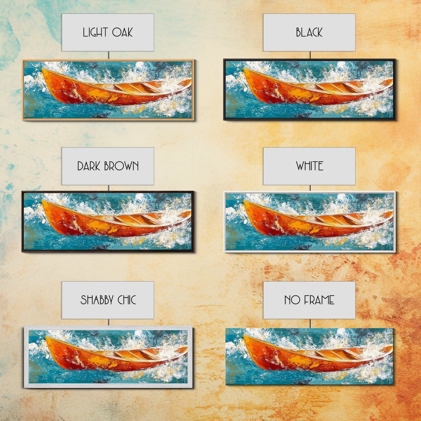 Boot in Wellen, Küstenwandbild, nautische Malerei, extra breites Querformatbild, Meeresdeko, Landhauskunst, gerahmter Leinwanddruck
